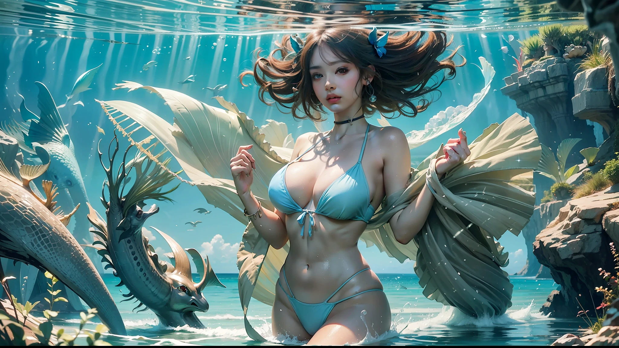 Painting of a woman in a bikini and a flowing dress, Karol behind UHD, fantasy woman, Goddess of the Sea, Beautiful fantasy art, Goddess of the Ocean, inspired, very beautiful fantasy art, beautiful fantasy maiden, Beautiful artwork digital, fantasy art behance