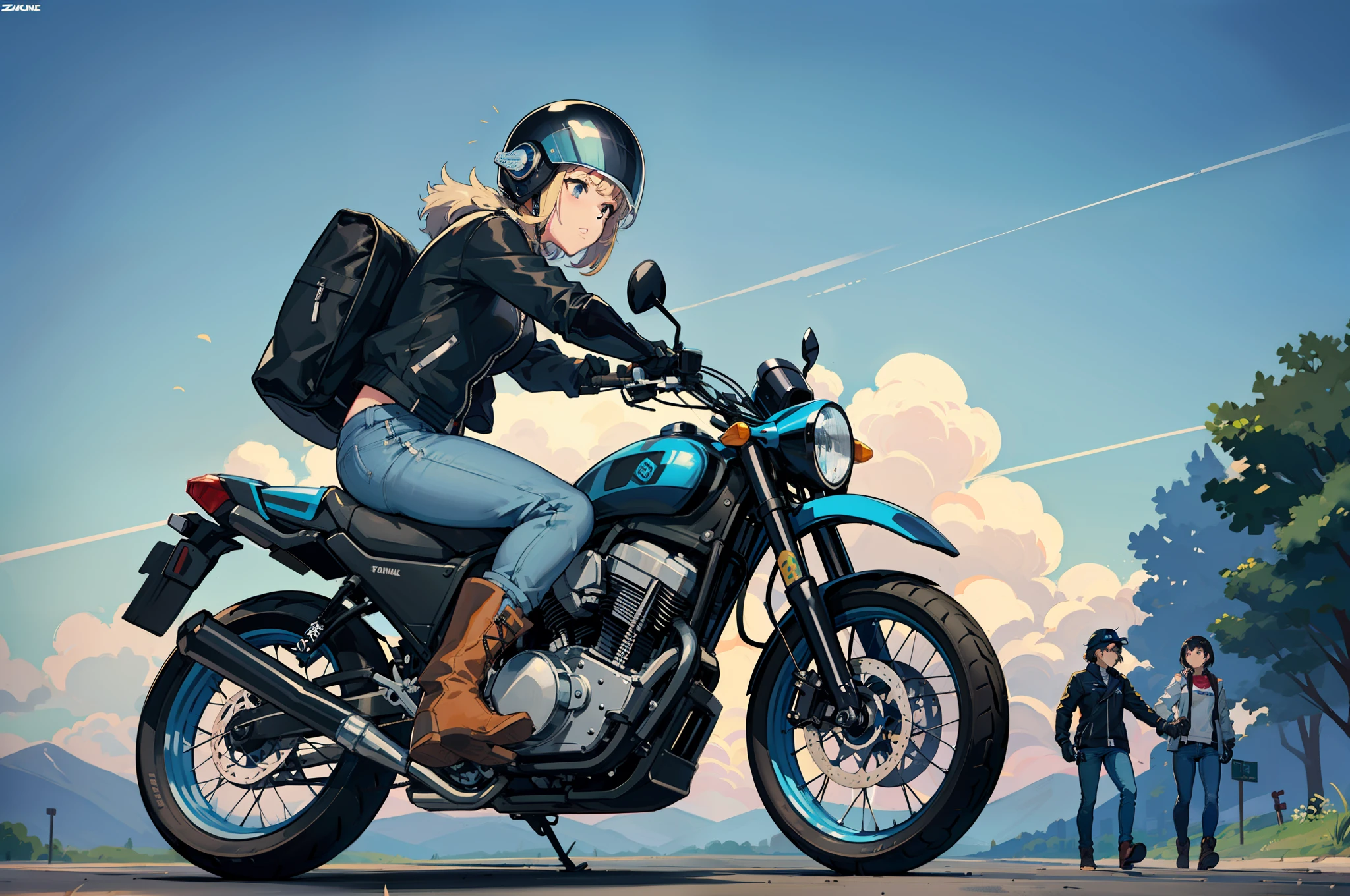 Beautiful highschool girl、touring、Wearing a full-face helmet、Riding jacket、Damaged jeans、Bike Gloves、Engineer Boots、roadside station、Alafed Blue Bike, futuristic suzuki, with a blue background, Blue, yoshimura exhaust, Sky Blue, motorcycle, motorcycle, Motorcycles,riding, full device,