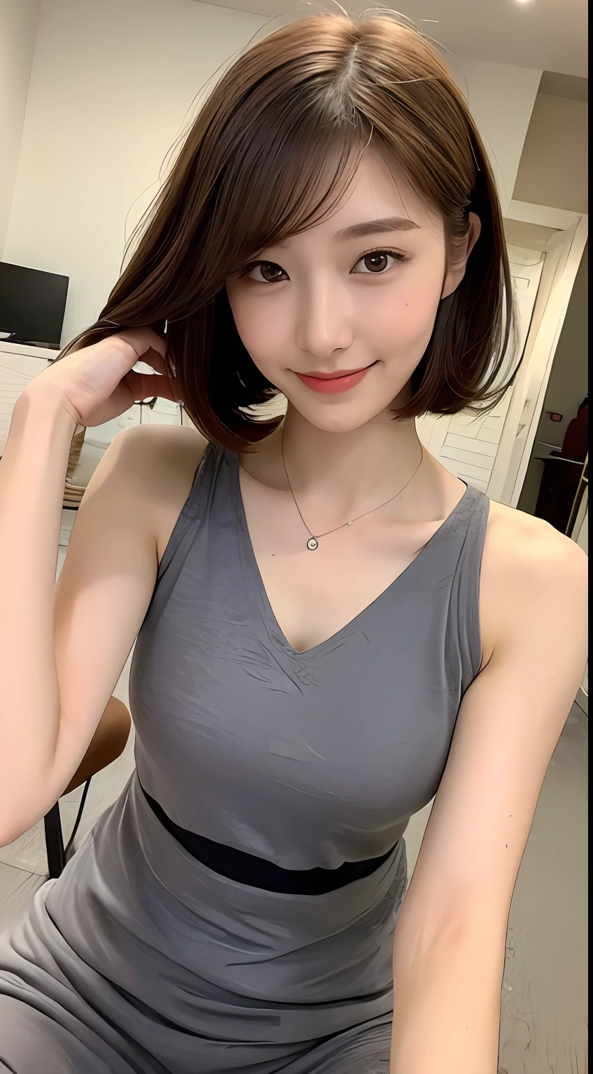 ((Best Quality, 8K, Masterpiece: 1.3)), 1 Girl, Slim Abs Beauty: 1.3, (Hairstyle Brown Hair Shortcut, Big: 1.2), Dress: 1.1, Super Slender Face, Delicate Eyes, Double Eyelids, Smile, Home, Raw Photo
