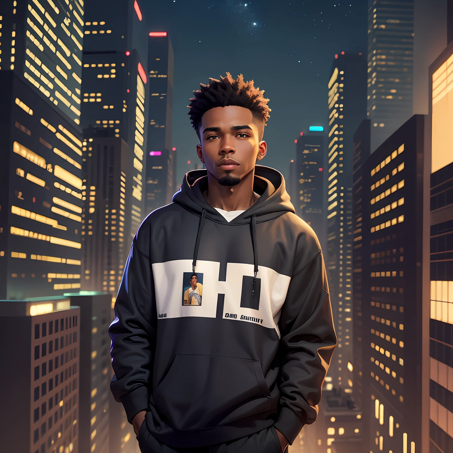Black male character, in a sweatshirt, on his back looking at buildings at night --auto --s2