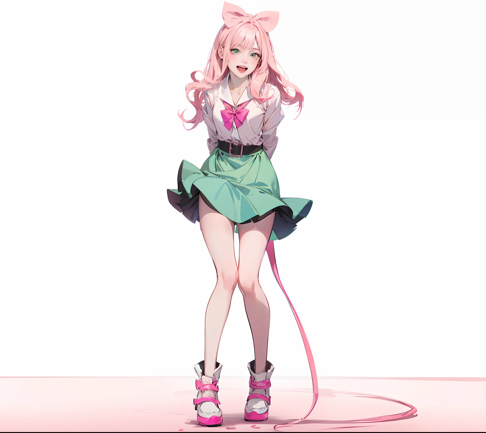 anime girl with pink hair and green skirt posing for a picture, anime character, official character art, anime moe artstyle, high quality anime artstyle, an anime girl, pink twintail hair and green eyes, cute, (anime girl), li, full body, beautiful legs, princess, pink shoes