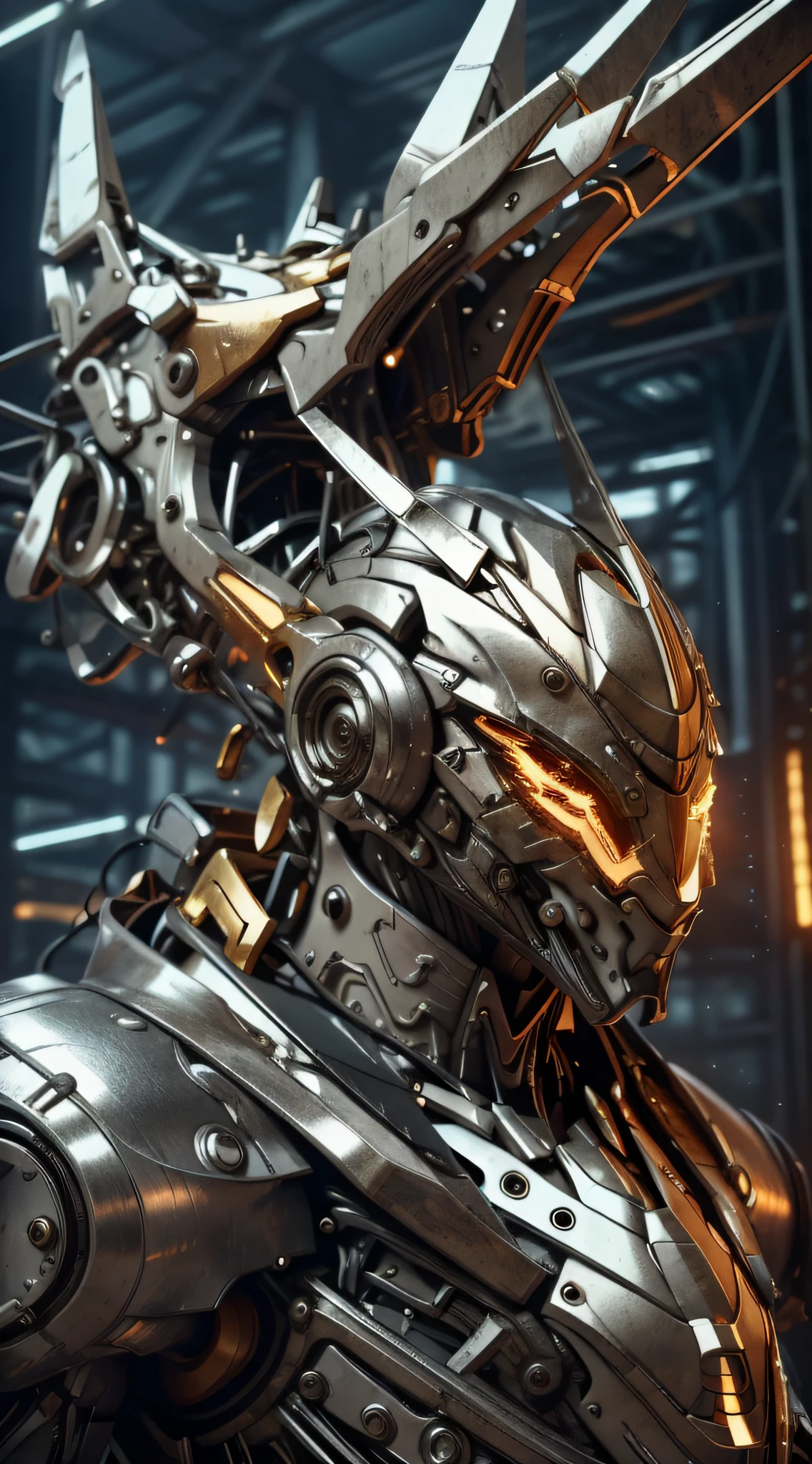sh4g0d,zeekars,mecha musume,mechanical parts,robot joints,headgearhigh detail,hyper quality,8K,Unreal Engine,Quixel Megascans Render,realistic,Wasteland Punk,the loneliness of a future world,beams of future technology,Gold and silver-tone,Cyberpunk,silver metallic surfaces,bust