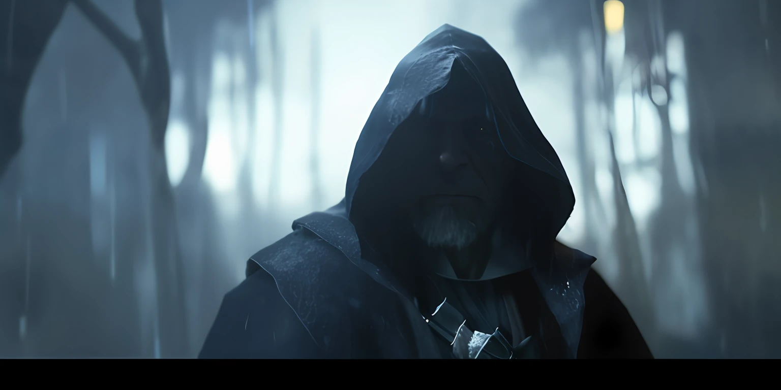 arafed man in hooded jacket with hood over head in rain, Senhor Sith. dramatic lighting, ww 1 feiticeiro sith, detailed cinematic render, wizard hat cinematic lighting, cinematic digital painting, Senhor Sith encapuzado encapuzado, detailed cinematic shot, arte conceitual escura fotorrealista, Willem Dafoe como um Lorde Sith, cinematic render, cinematic 3d render, dark cinematic lighting