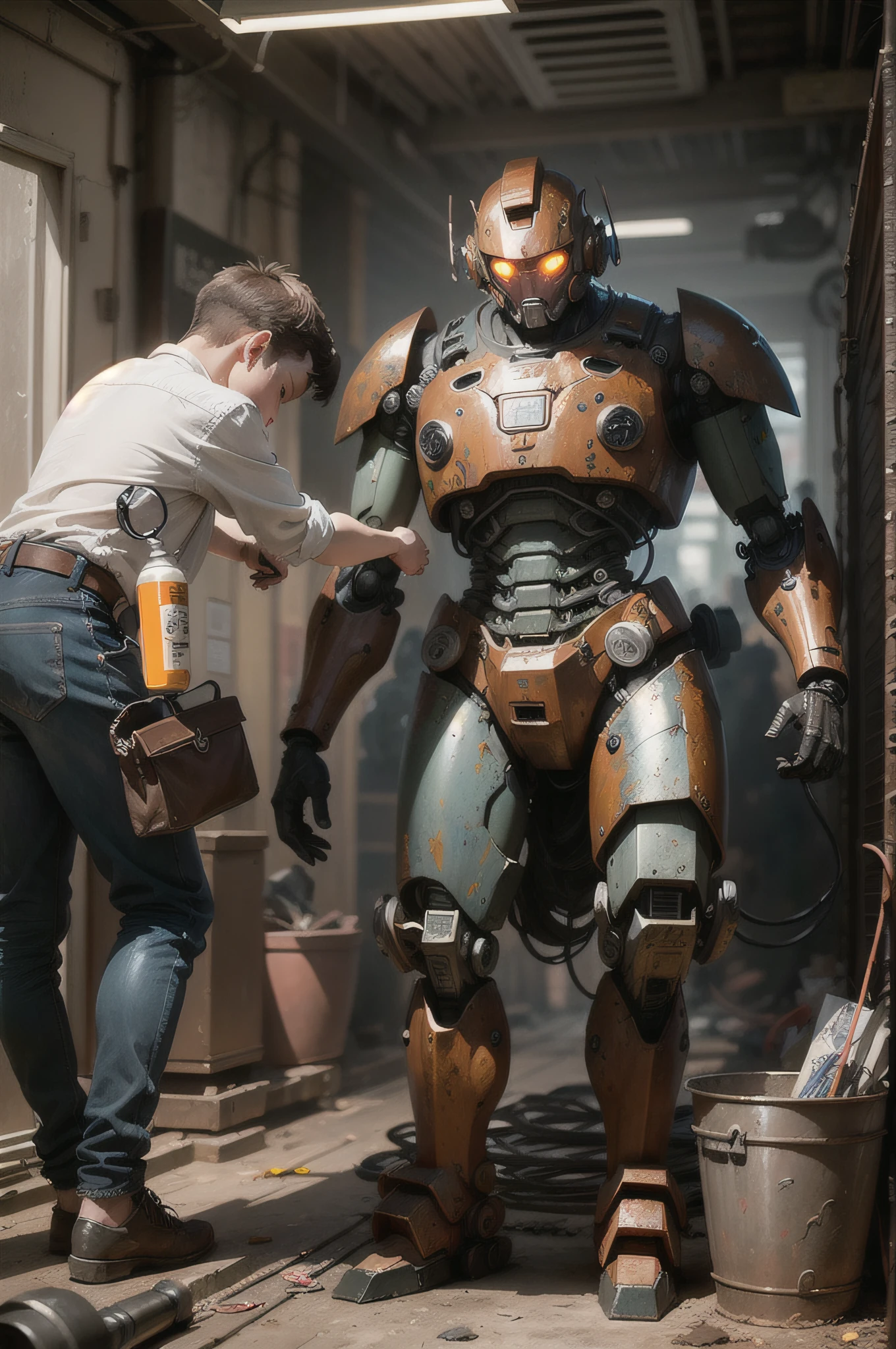 A is polishing a rusted vintage mecha