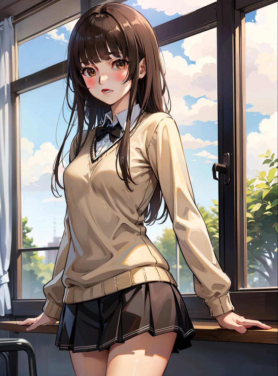 ((masterpiece,Best Quality)), high - resolution, High resolution, depth_De_nobara, Cowboy Shot, 独奏, 1girls, KR1, Brown eyes, Long hair, Blunt bangs, kibito high school uniform, sweater, Pleated skirt, socks, Small breasts, class room,