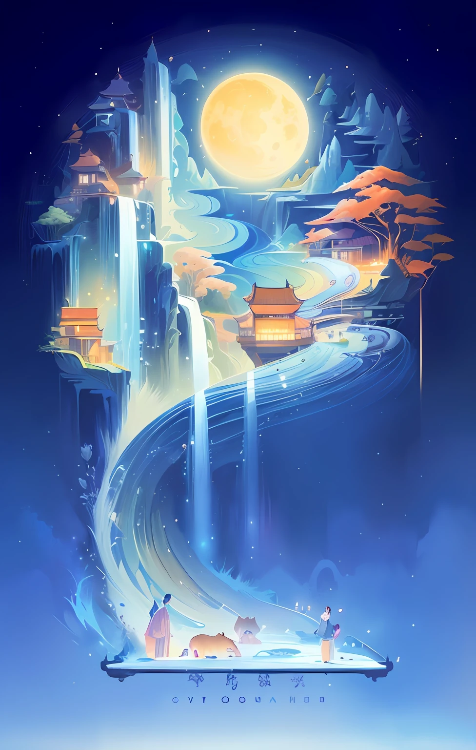there is a poster of a cartoon scene with a waterfall, There are posters of farmland in the landscape，a beautiful artwork illustration,，Chinese style poster illustration, dreamy illustration, jen bartel, an illustration of inspired by Victo Ngai, Makoto Shinkai Cyril Rolando, G Liulian art style, anime fantasy illustration, , Chinese style fantasy , very coherent stylized artwork --auto