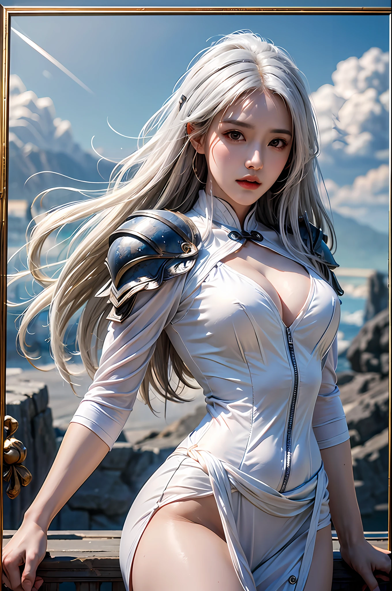 best quality, masterpiece, ultra-detailed, detailed light, (RAW photo:1.2), (photorealistic:1.4),(masterpiece:1.3),(best quality:1.4) 1girl, detailed face, solo, hips up, long hair, white hair, sky, dress, armor, cloud, chinese armor