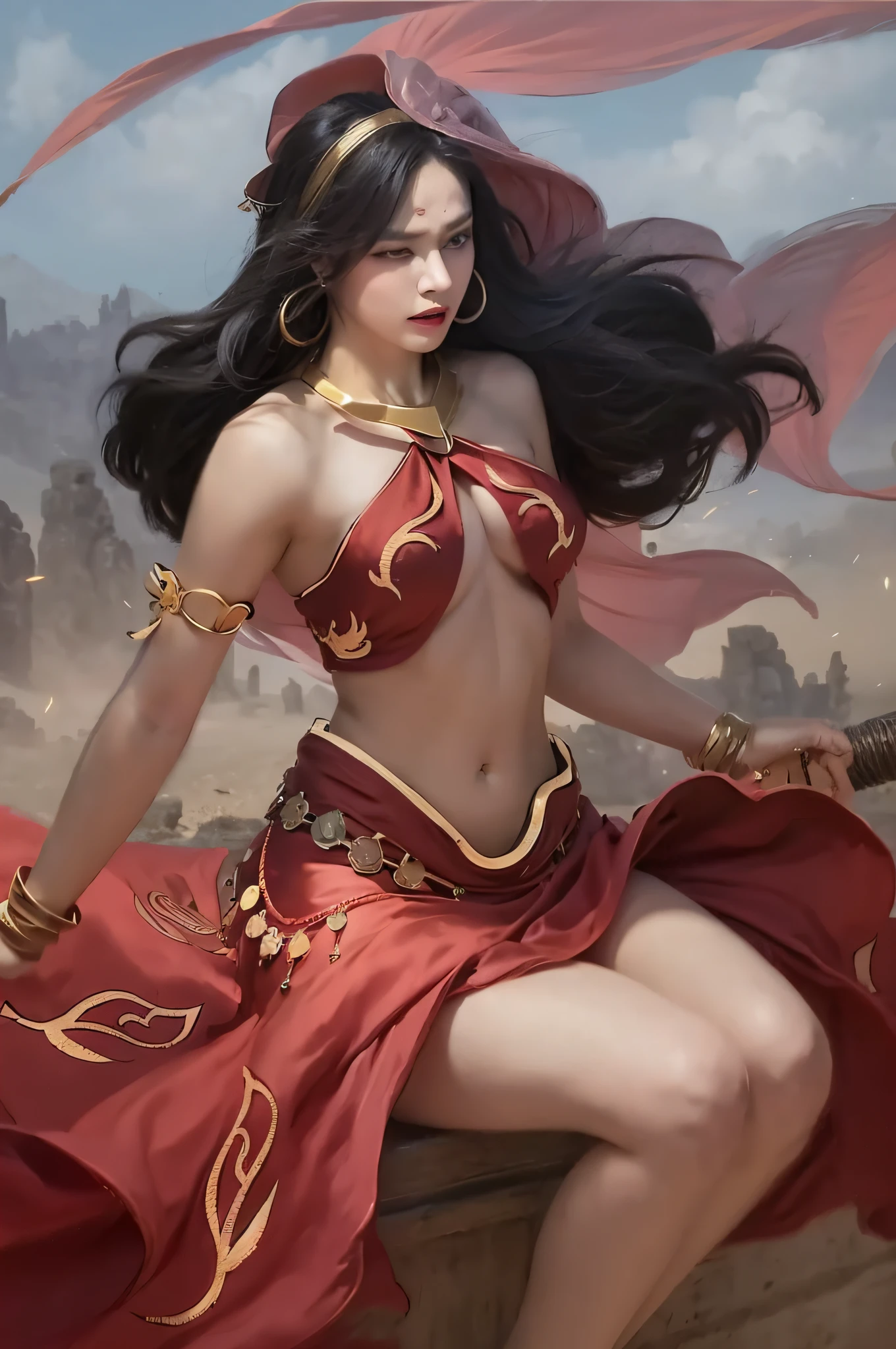 (8k, RAW photo, best quality, The Masterpiece:1.2), (realistic, photo-realistic:1.4), (Extremely detailed CG unity 8k wallpaper), (1 girl:1.5),Beauty of the Western Regions,(Red clothes:1.4),,Pale skin,Blushlush,large eyes,full - body,large legs,Open navel,Gold-tone waist chain,Gold ornaments,Flying ribbons,Particle,The background is the ancient city of Loulan, Ancient city walls,A desert,dance, dunhuang_dress, dunhuang_style,
