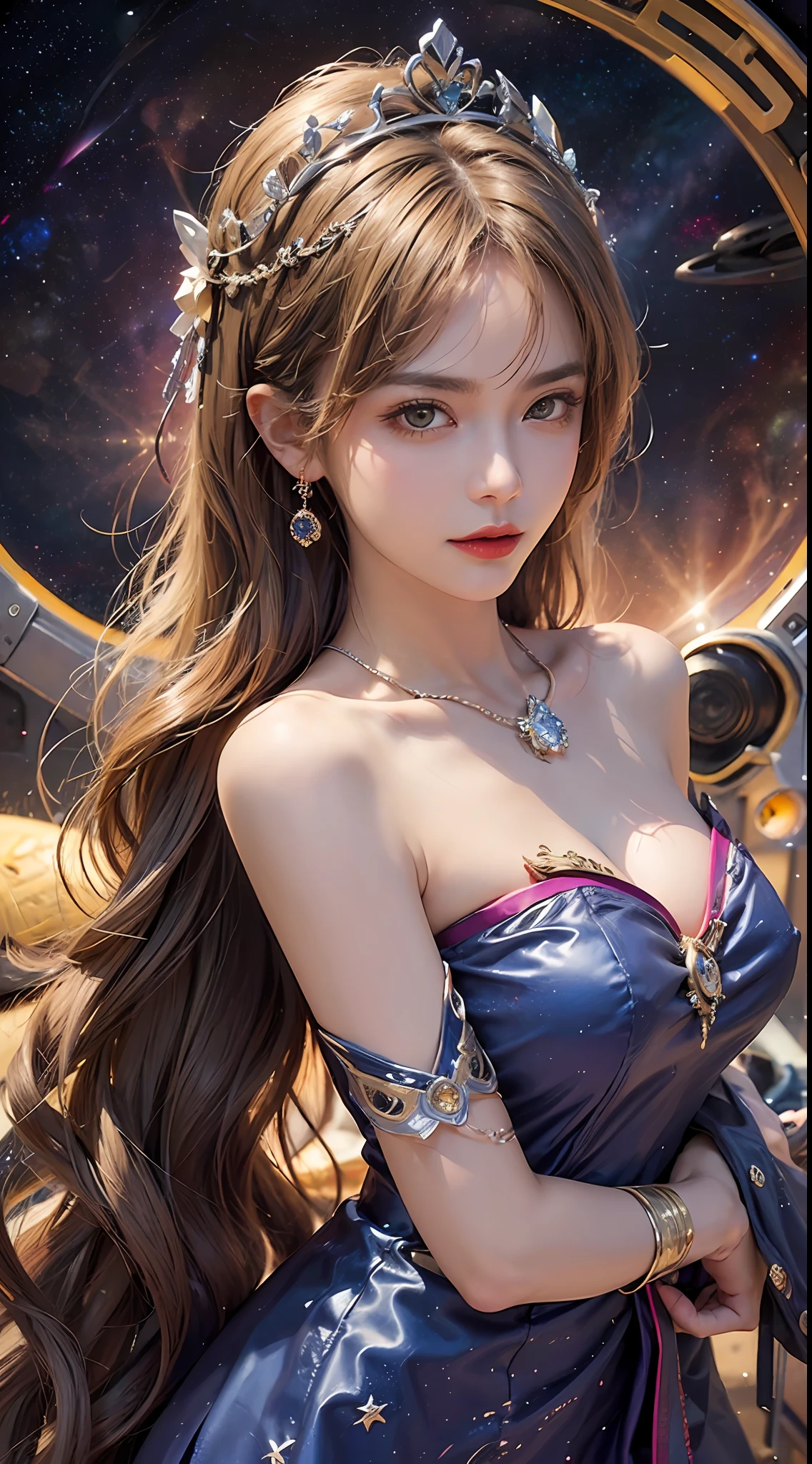 1 27-year-old girl, 1 zodiac goddess from the future, goddess of the pink and purple 12 zodiacs, the goddess of the zodiac in a yellow ao dai, a 12 zodiac ao dai with many black lace detail, mythology Goddess of the 12 zodiacs from the future, zodiac ♏, luxurious glittering zodiac style, dark and mysterious version, zodiac crown, lipstick lips red, thin and beautiful lips, don't smile, keep your mouth shut, characters made by karol bak and pino daeni, intricate detail, detailed background, extremely detailed, light magic, a woman, clear face, look at the face of goddess zodiac look at the zodiac goddess face, round breasts, Big and round breasts, phoenix hair brooch, hair long with bangs, beautiful face in detail and well-proportioned eyes, (transparent yellow eyes: 1.8), big round eyes and very beautiful and detailed makeup, foresight, silk dress, mysterious makeup, Bangles, double bangs and dyed light blonde, upper body, (zodiac goddess upper body: 1.9), arms hanging loosely, Realistic and vivid photo, (stars make up the zodiac: 1.7), (sky background zodiac and fictitious space and time portal: 1.8), fiction art, RAW photo, hanfu picture, best photo, high_res, best quality, best photo quality, 8k quality, 8k ultra, super realistic, real photo most economical, artistic portrait of goddess zodiac, 1 symbol of 12 zodiac signs on the back, single portrait of 1 zodiac goddess, The most realistic color scheme, the best photo color, masterpiece, hair ornament, necklace, jewelry, Beautiful face, upon body, tyndall effect, photo realistic, dark studio, rim lighting, two tone lighting, (high detailed skin:1.2), 8k uhd, dslr, soft lighting, high quality, volumetric lighting, candid, Photograph, high resolution, 4k, 8k quality, Bokeh, Smooth and sharp, increase the pixel by 10x, Charming zodiac goddess, sexy zodiac goddess, (background space:1.8), (galaxy: 1.7), aurora, lightning, (Auroral Background: 1.8) <lora:locon_perfecteyes_v1_from_v1_