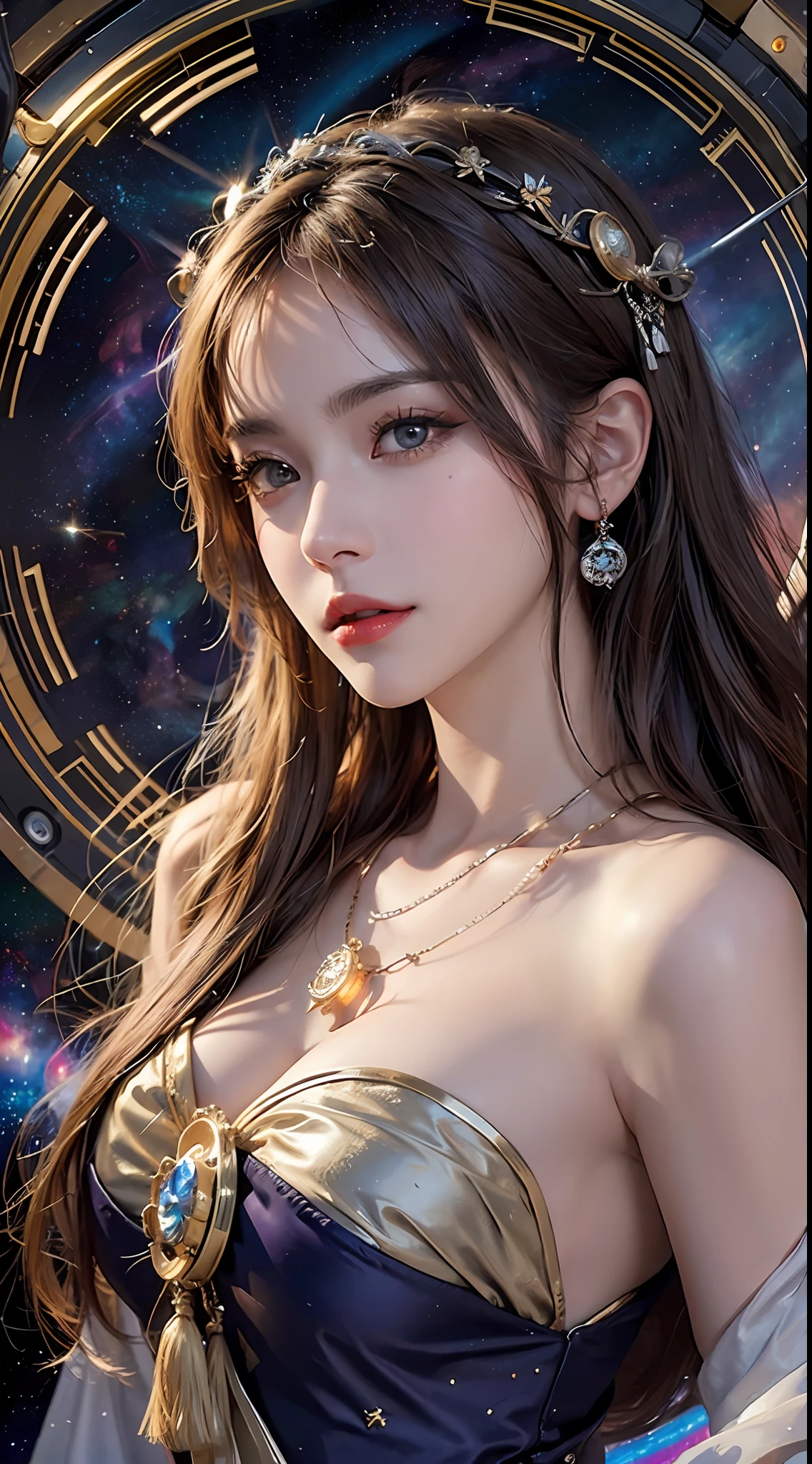 1 27-year-old girl, 1 zodiac goddess from the future, goddess of the pink and purple 12 zodiacs, the goddess of the zodiac in a yellow ao dai, a 12 zodiac ao dai with many black lace detail, mythology Goddess of the 12 zodiacs from the future, zodiac ♏, luxurious glittering zodiac style, dark and mysterious version, zodiac crown, lipstick lips red, thin and beautiful lips, don't smile, keep your mouth shut, characters made by karol bak and pino daeni, intricate detail, detailed background, extremely detailed, light magic, a woman, clear face, look at the face of goddess zodiac look at the zodiac goddess face, round breasts, Big and round breasts, phoenix hair brooch, hair long with bangs, beautiful face in detail and well-proportioned eyes, (transparent yellow eyes: 1.8), big round eyes and very beautiful and detailed makeup, foresight, silk dress, mysterious makeup, Bangles, double bangs and dyed light blonde, upper body, (zodiac goddess upper body: 1.9), arms hanging loosely, Realistic and vivid photo, (stars make up the zodiac: 1.7), (sky background zodiac and fictitious space and time portal: 1.8), fiction art, RAW photo, hanfu picture, best photo, high_res, best quality, best photo quality, 8k quality, 8k ultra, super realistic, real photo most economical, artistic portrait of goddess zodiac, 1 symbol of 12 zodiac signs on the back, single portrait of 1 zodiac goddess, The most realistic color scheme, the best photo color, masterpiece, hair ornament, necklace, jewelry, Beautiful face, upon body, tyndall effect, photo realistic, dark studio, rim lighting, two tone lighting, (high detailed skin:1.2), 8k uhd, dslr, soft lighting, high quality, volumetric lighting, candid, Photograph, high resolution, 4k, 8k quality, Bokeh, Smooth and sharp, increase the pixel by 10x, Charming zodiac goddess, sexy zodiac goddess, (background space:1.8), (galaxy: 1.7), aurora, lightning, (Auroral Background: 1.8) <lora:locon_perfecteyes_v1_from_v1_
