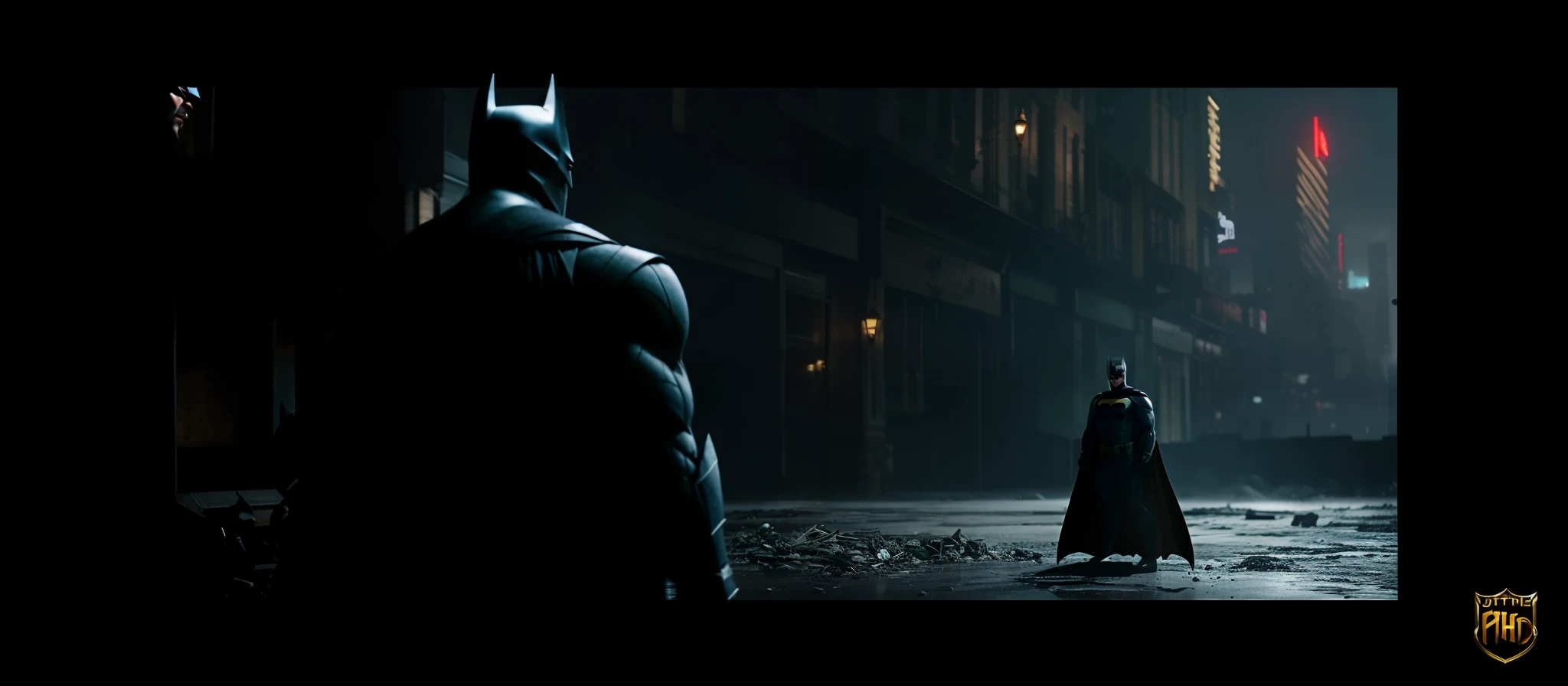 batman and dart in the rain in a dark city, zack snyder cinematography style, in the justice league, in batman movie still cinematic, cinematic shot!, from movie batman, detailed cinematic shot, dark sci - fi movie scene, by Zack Snyder, the night war rages behind him, epic cinematic shot, cinematic opening shot, still image from batman movie, teaser trailer footage. Best quality. 8k ultra Hd, masterpiece. Destruction in the background