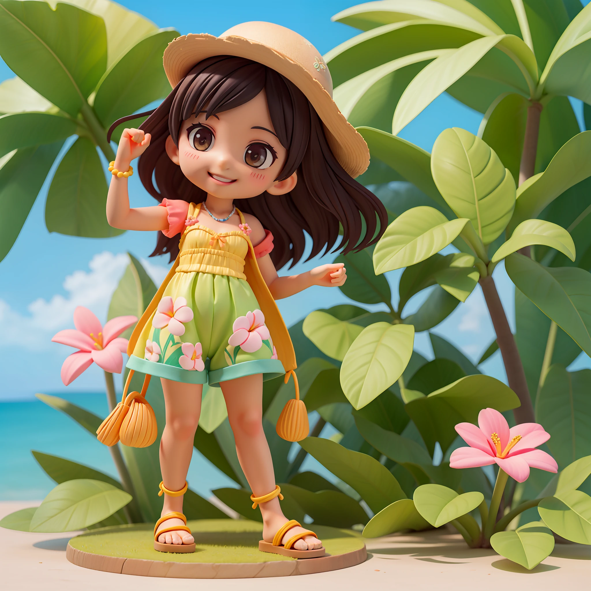 The Masterpiece Chibichara Cute and beautiful Chibi 1 (dark skin) Tropical fruit print string camisole Sandals with fruit accessories Cute smile Tropical palm trees in the background Plumeria flowers