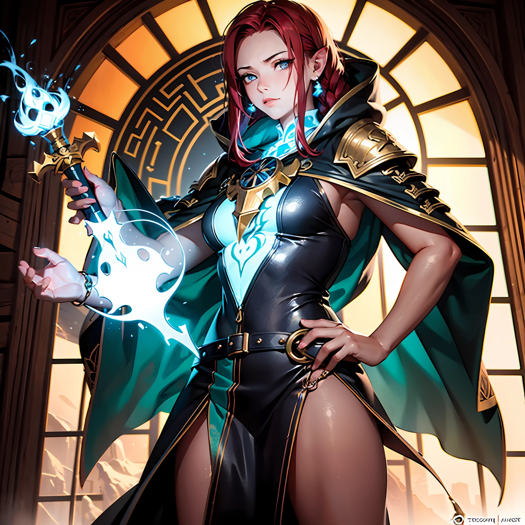 fantasy world, dnd art female, dwarf, (Masterpiece 1.5, intense details), red haired, slightly pointred ears, braided hair,(Masterpiece, intense details),cleric, templar, casting a spell (Masterpiece, intense details dnd art) ,wearing white plate mail armor with sigils (Masterpiece, intense details). Carrying a flaming axe (Masterpiece 1.5, intense details),Wearing a blue cloak with sigils (Masterpiece 1.4, intense details), holy symbol, radiant yellow light,(Masterpiece, intense details) standing near fantasy setting temple at dawn, sun, backligt, (Masterpiece, intense details) glowing light, ray tracing, reflection light, silhouette, wide shot, panorama, Ultra-Wide Angle, award winning, best quality, HD, 4K, high details