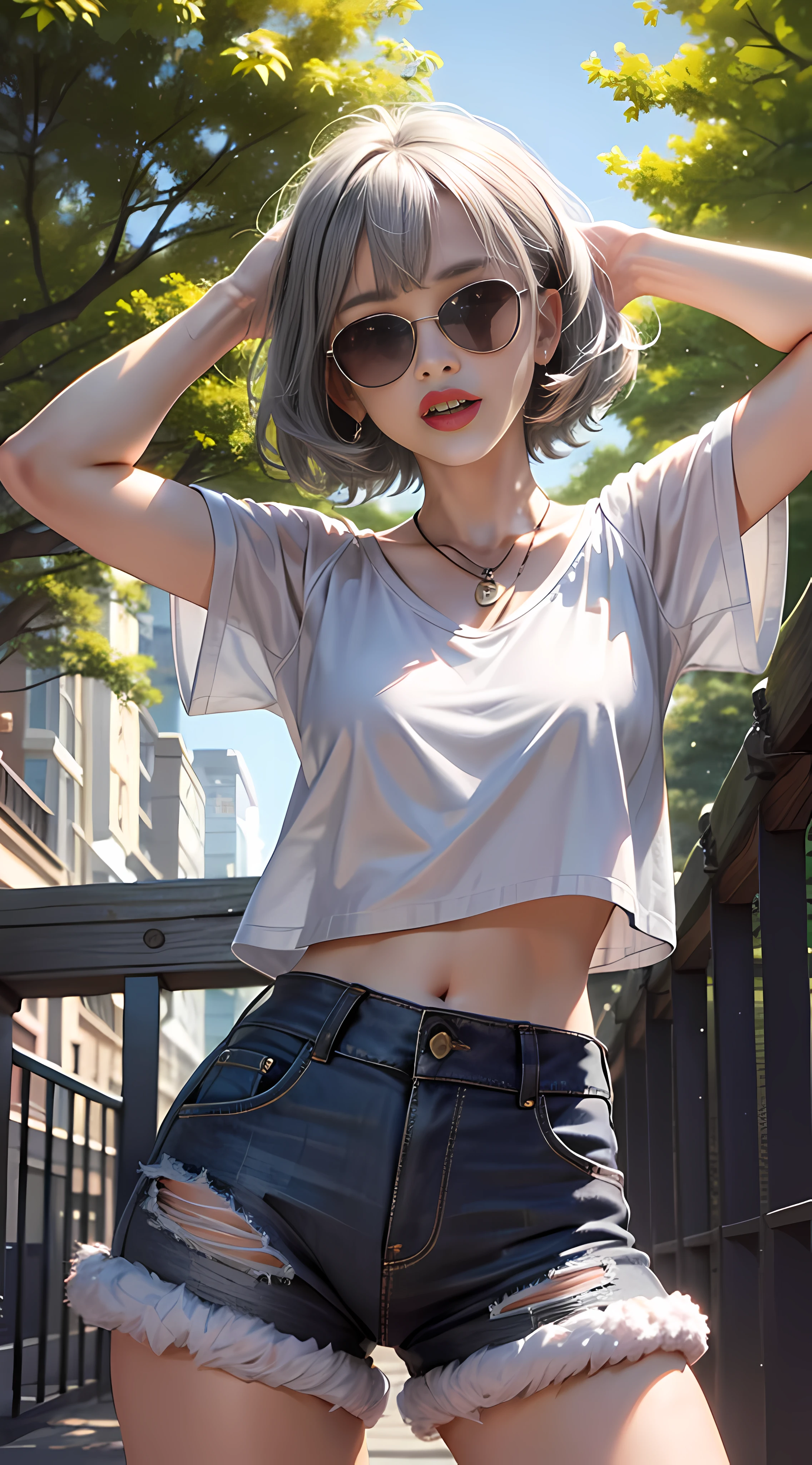 Ultra high quality,8K,gal girl,Sexy and feminine, high and cold,Enchanting,The head proportions are perfect,Short black and gray hair,Wear T-shirt shorts,Flaming red lips,Swan neck,the sun is shining wide shot,With sunglasses