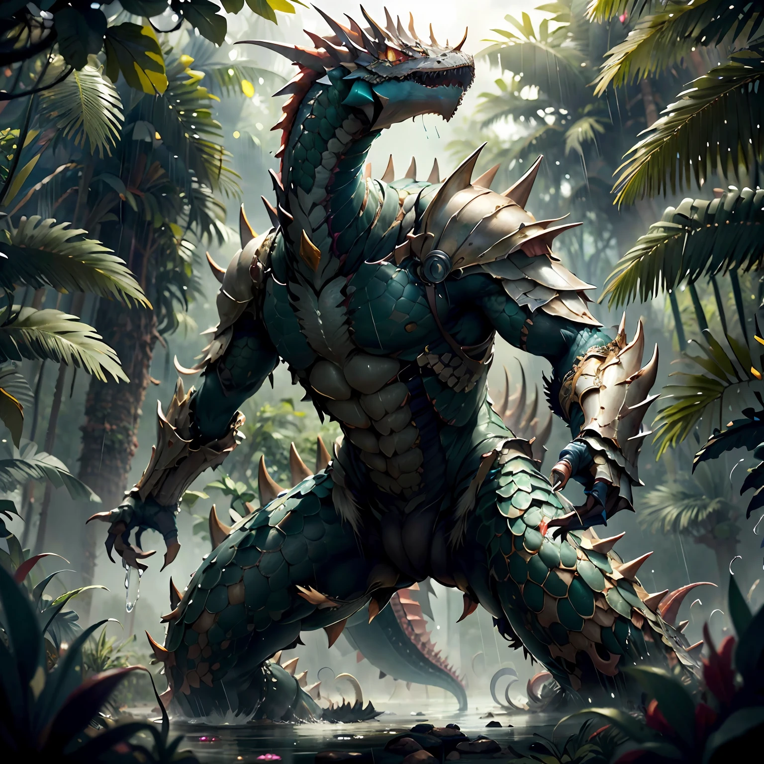 DragonScaleAI armor on people，Parasitized，rainforests，rains，Huge milk，Genital fluid