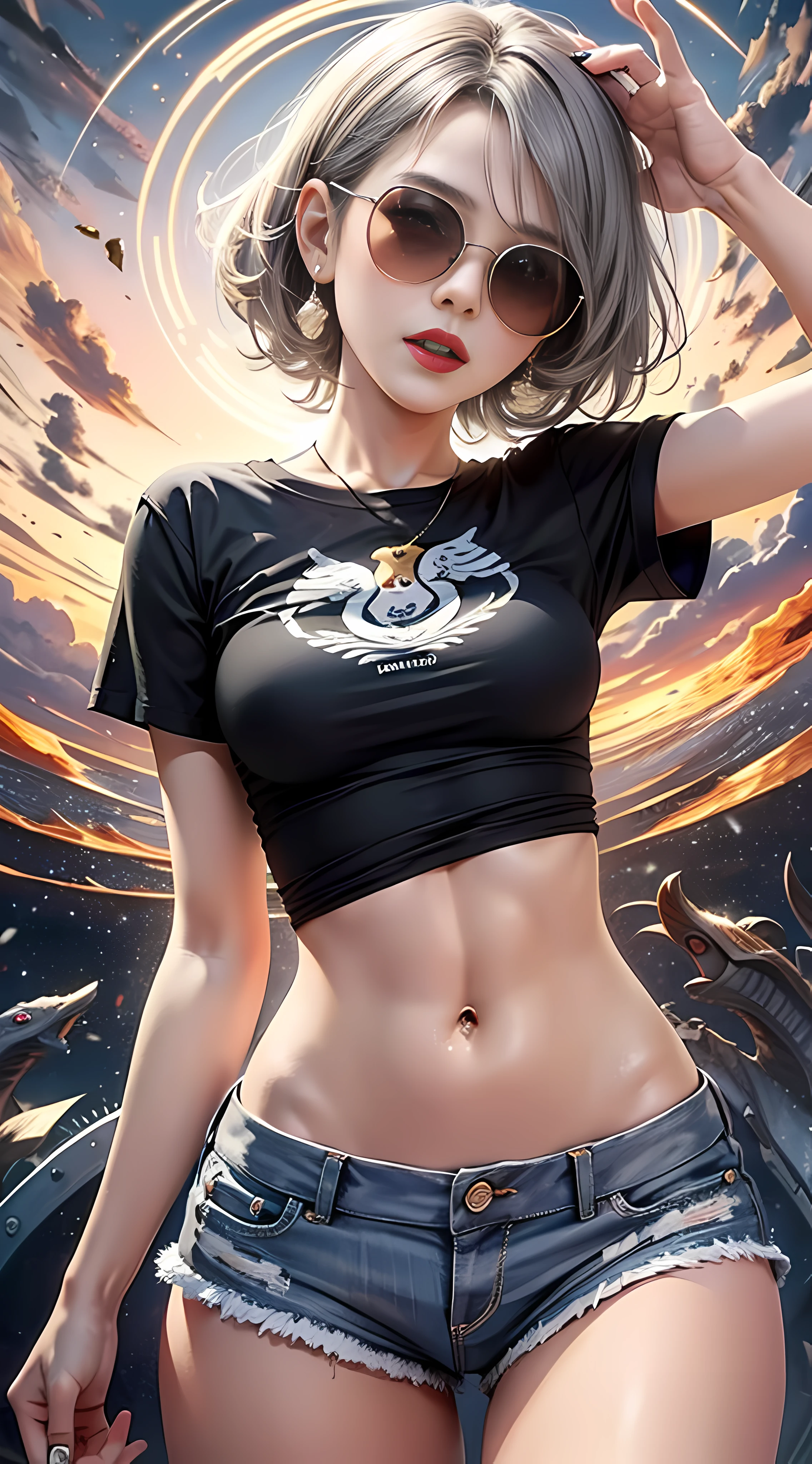 Ultra high quality，8K，gal girl，Sexy and feminine, high and cold，Enchanting，The head proportions are perfect，Short black and gray hair，Wear T-shirt shorts，Flaming red lips，Swan neck，the sun is shining wide shot，With sunglasses
