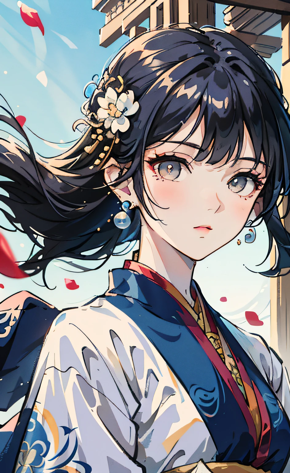Mature girl , dark orange eyes, blue and white hair color, floating hair, delicate and smart eyes, intricate damask hanfu, gorgeous accessories, wearing pearl earrings, fov, f/1.8, masterpiece, ancient Chinese architecture, blue sky, flower petals flying, front portrait shot, Chang'e, side lighting, sunlight on people, 8K