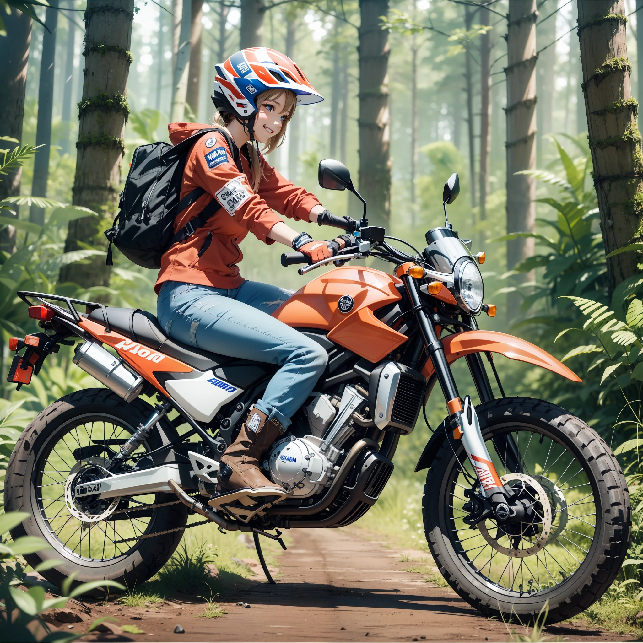Beautiful highschool girl、Sorrisos、Smile、touring、Off-road helmet、Damaged jeans、Bike Gloves、Off-road boots、Dirt path、Red body on white background, Yamaha、Off-road bikes, Forest Road Touring, Motorcycles,riding, Serro 250、adventure、