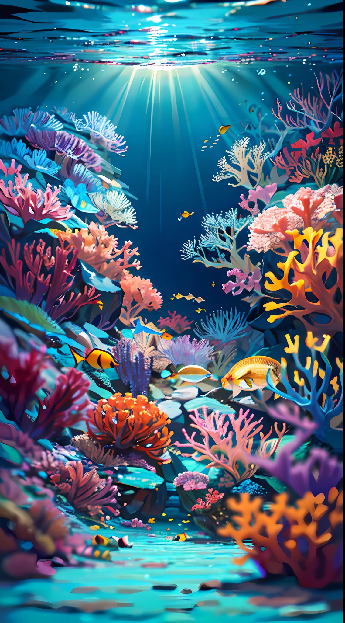 (masterpiece, best quality:1.2), (no humans, cliff, underwater, perspective, from below:1.5), 8k, raw photo, absurdres, beautiful coral reef, rocks, many very small fishs, colorful tropical fishs, light leaks, depth of field, stunning scape, film grain, chromatic aberration, dynamic lighting, dramatic lighting, HDR, photorealistic, film grain, chromatic aberration, highres, ultra detailed, finely detail, extremely detailed, shadow, sharp focus