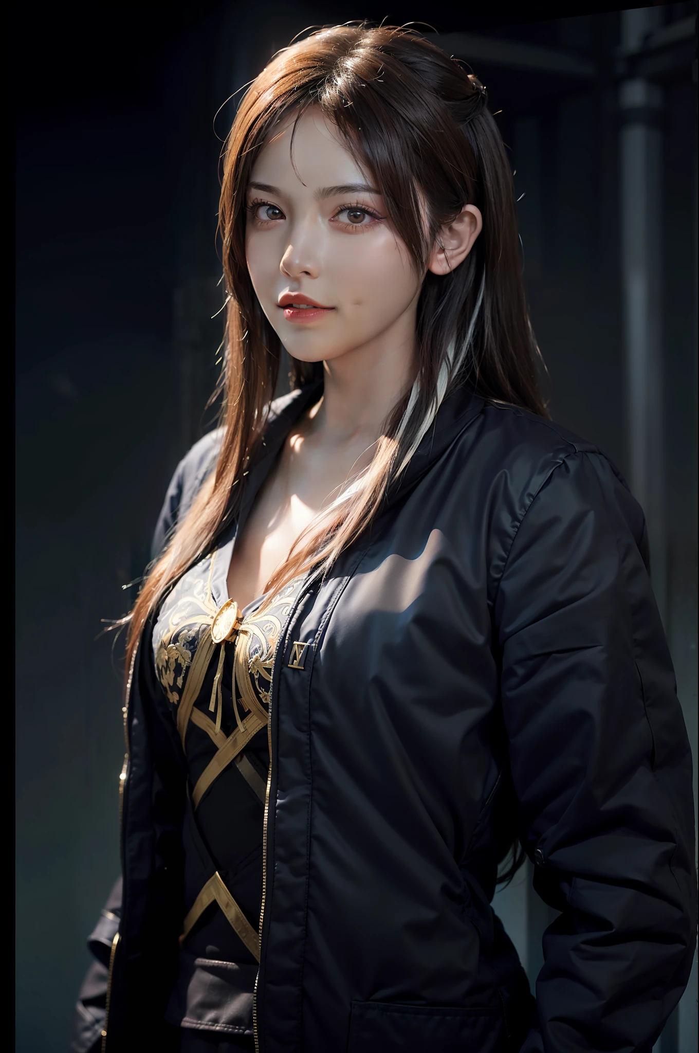 Hyperrealist portrait of female by david hockney and alphonse mucha,fantasy art, photo realistic, dynamic lighting, artstation, poster, volumetric lighting, very detailed faces, 4 k, award winning,, 1girl, in the dark, deep shadow, low key,cowboy shot,(official clothing:1.4) ,long hair,white hair,