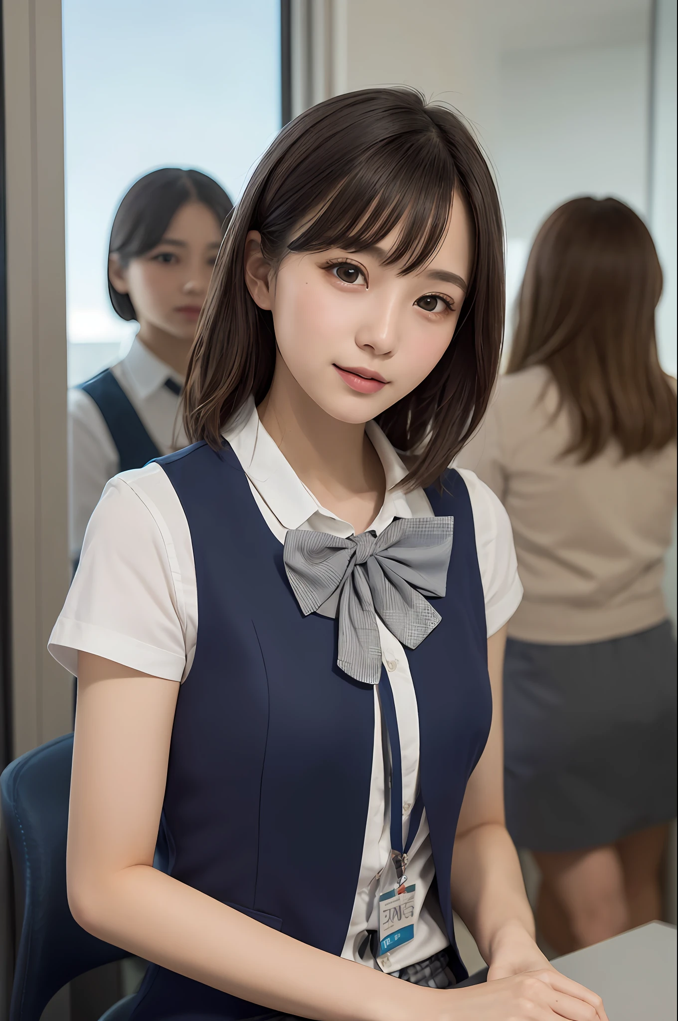 The girls1people、About 25 years old、vests、bow、photos、realisti、best qualiy、adopt、detailed faces、s Office、Building from the window、detailed backgorund、Diffused sunlight、Depth-of-field