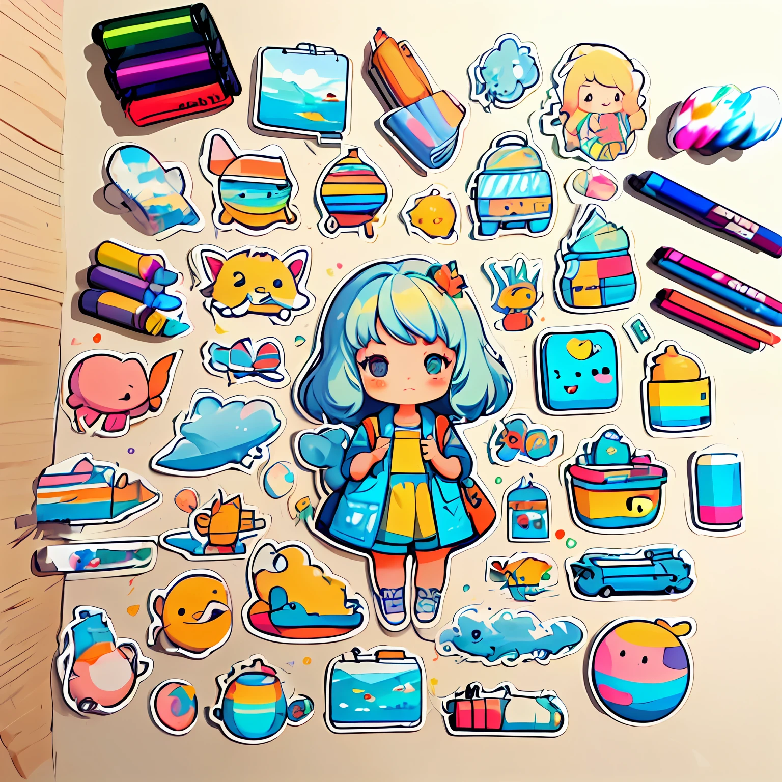 1 pegatina, Manual, (sticker, ((1 young girl,alegre, pintando)), Mesa de trabajo, placa de pintura), acuarela, fondo blanco, fondo simple, minimum, hermoso, diminuto, pastel color, Estilo vectorial, sin degradado.