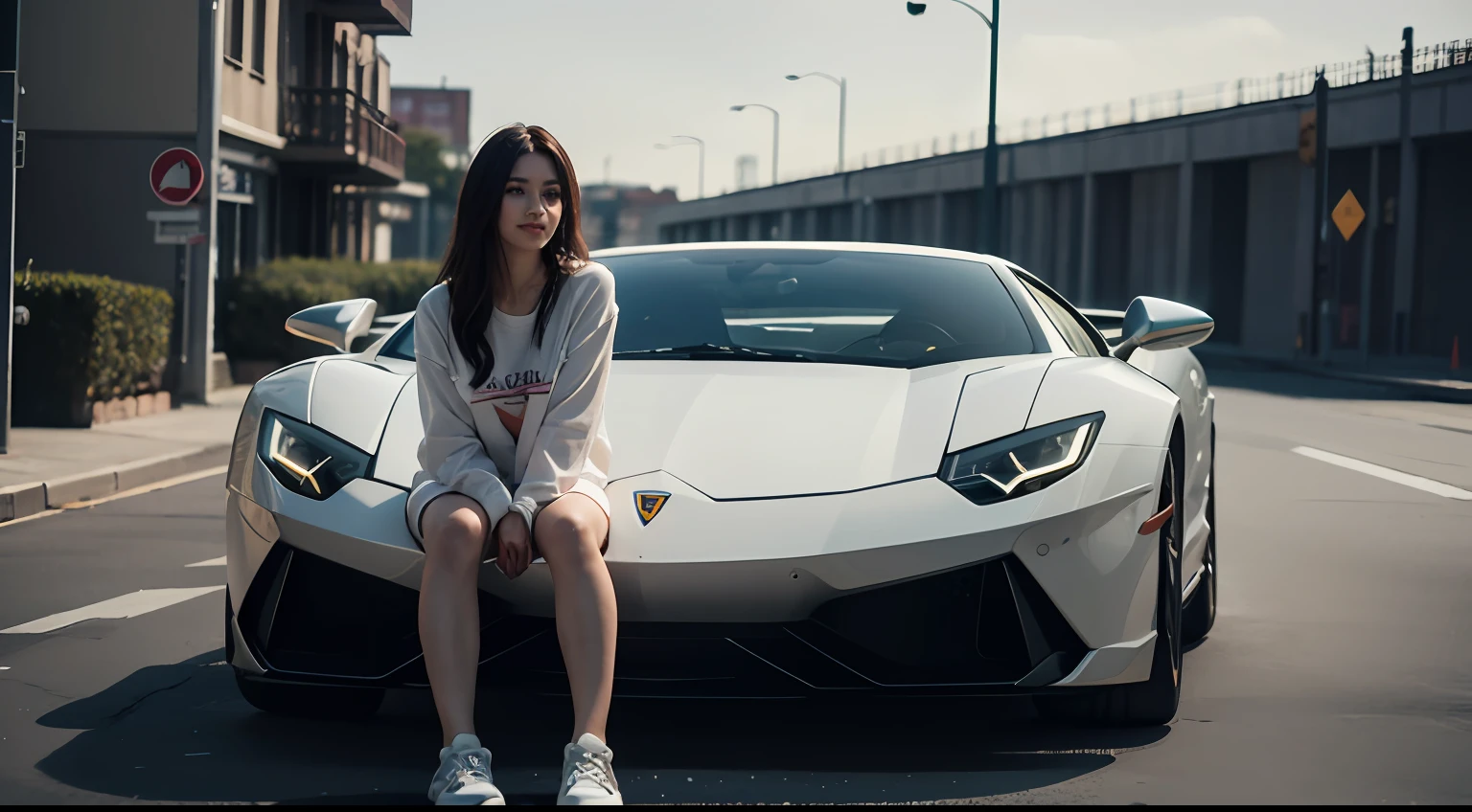 The Masterpiece, high qualit, 4K, 独奏, 1girls,The Masterpiece, high qualit, 4K, Beautiful design, shiny, Brunette woman,Smiling with sneakers,A woman wearing a white shirt and pink and jordan sneakers,Take a walk against the Lamborghini, from front, award-winning photo, greatly detailed, astonishing, fined detail, absurdities, Highly detailed woman, Very detailed eyes and face, Lee Jeffries Nikon D850 Film Stock Photo 4 Kodak Portra 400 Camera F1.6 shots: Rich colors, hyper-realistic lifelike texture, Dramatic lighting, Unreal Engine, trends in art stations, still 800 tungsten lamps,