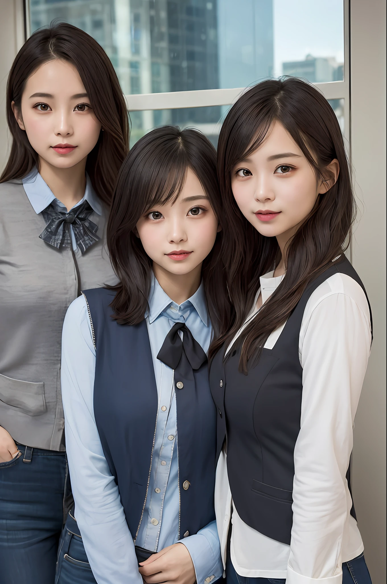 The girls1people、About 25 years old、vests、bow、photos、realisti、best qualiy、adopt、detailed faces、s Office、Building from the window、detailed backgorund、Diffused sunlight、Depth-of-field