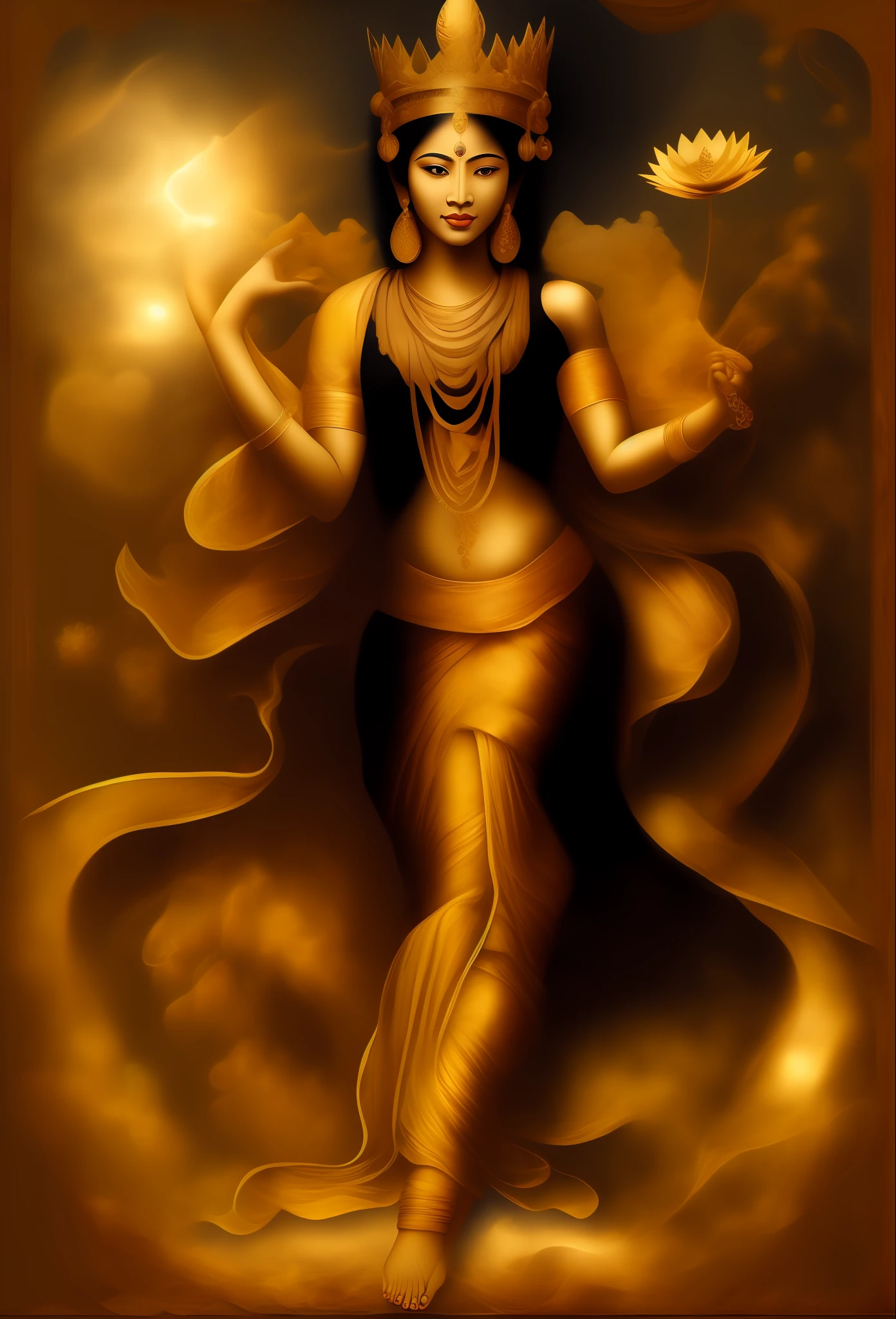 Ancient Indian goddess，gold crown，gargantilha，Yingluo，Skin is smooth and radiant，Hair drapes over the shoulders，Lotus in hand，Barefoot，