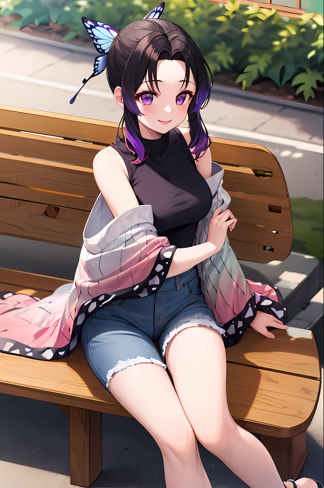 masterpiece, best quality, highres, 1girl, solo, kochou shinobu, butterfly hair ornament, purple eyes, multicolored hair, short hair, parted bangs, haori, wide sleeves, tank top, jeans,denim shorts sitting, bench, outdoors, smile,