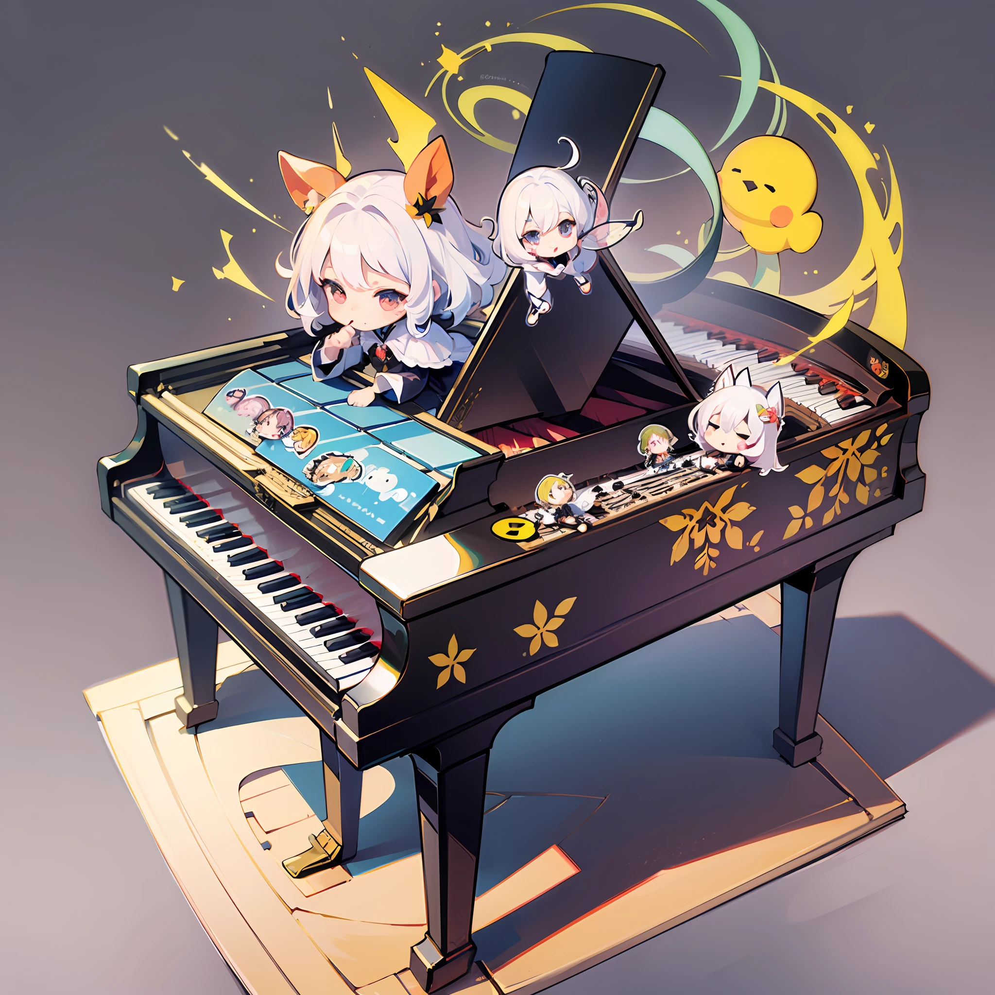 ((sticker:1.5)))、((Chibi Chara))、(White background)、Fluffy、The girls、bach、Strong perm、Pianist Costume、Mini Piano、Piano Playing Pose、Chibi Chara、full - body、White hair、pastel-colored hair、Fairy tale、Fantastical、masterpiece、best qualiy、16 K