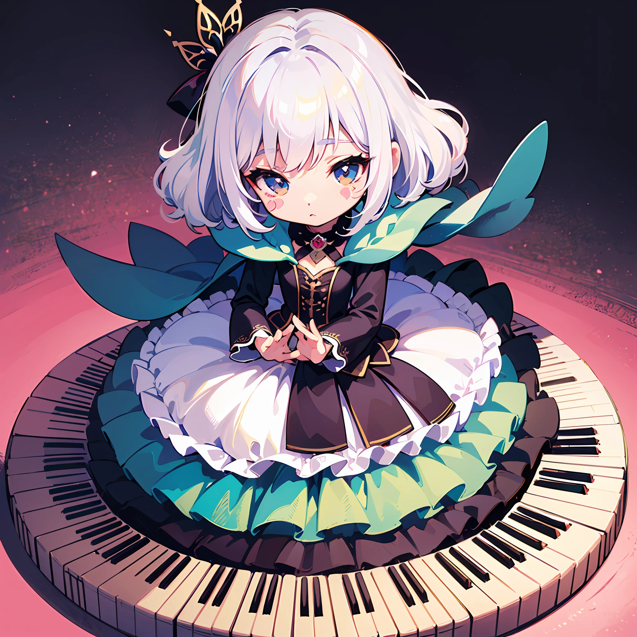((sticker:1.5)))、((Chibi Chara))、(White background)、Fluffy、The girls、bach、Strong perm、Pianist Costume、Mini Piano、Piano Playing Pose、Chibi Chara、full - body、White hair、pastel-colored hair、Fairy tale、Fantastical、masterpiece、best qualiy、16 K
