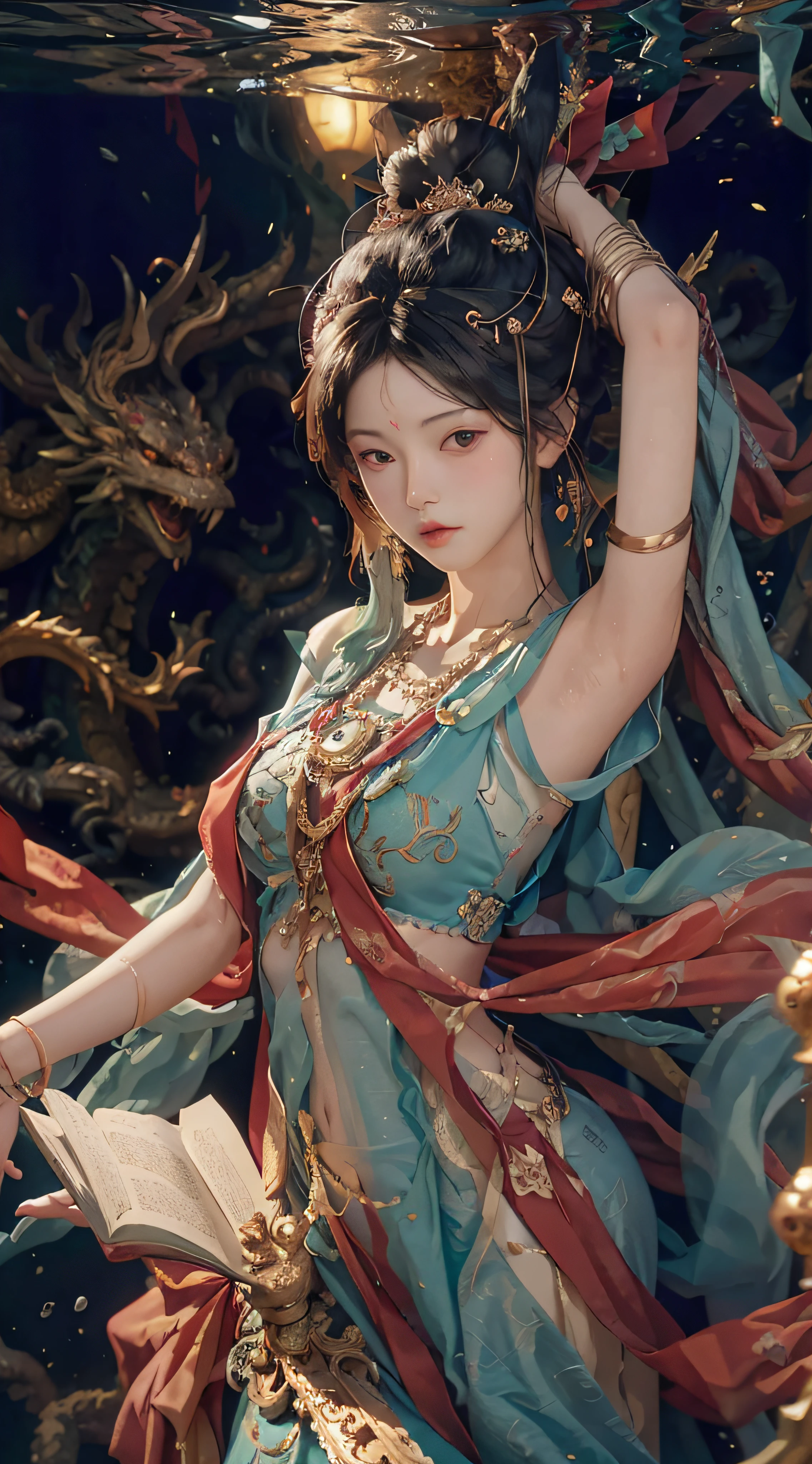 A girl, a dragon behind him, Dunhuang style, underwater, flying action, red ribbon wrapped around the body, surrealism, surrealism, supremacy, classicism, ultra hd, retina, masterpiece, ccurate, textured skin, anatomically correct, super detail, high detail, high quality, 1080P, high resolution, best quality, award-winning, 16k, 8k, 4k, hd