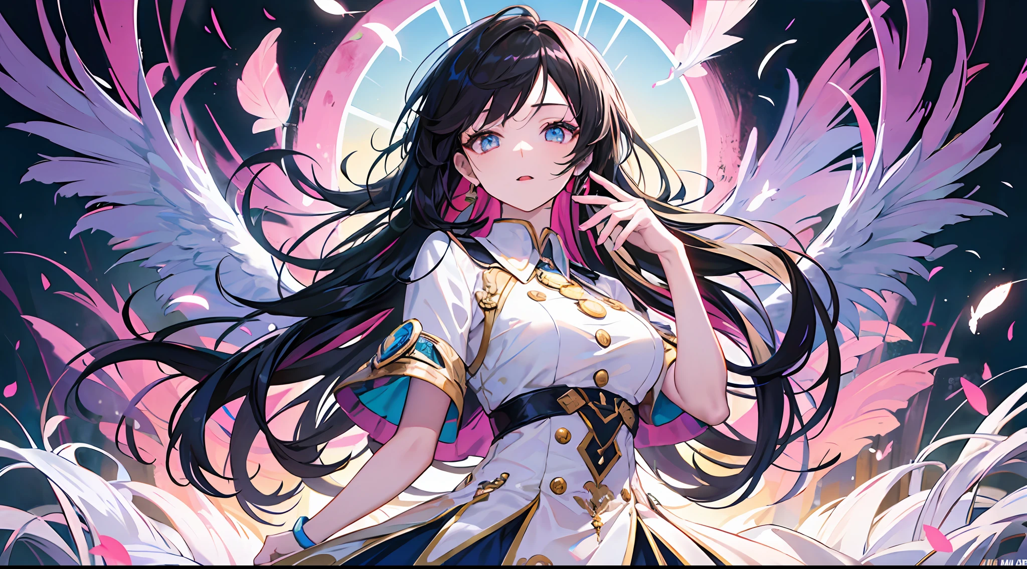 1girly,full - body,(Goldeneye),(redeyes),(Colored feathers),(Moe girl:1.1),Nice detailed eyes,Colored hair,Very long hair,tiny breast,(looks at the viewer),stylish,cwoman,full of energy,outfits,Q version,front facing,Colorful,Dynamic,backgrounds,Elemental,Be confident,expressively,Hold,statement,fittings,Majestic,coil,around,Touch the,Scenes,attention-grabbing,stylish,bigger,Smart,modern day,stylish, focal point, stylish,,white background,The Masterpiece,the best qualityt,(the best qualityt), ((Masterpiece)), (high - resolution), Original Painting, Extremely detailed 8k wallpaper, (anextremely delicate and beautiful),((Detailed face)), beautifuldetailedeyes, Hair flutters in the wind, disheveledhair, lens flares,