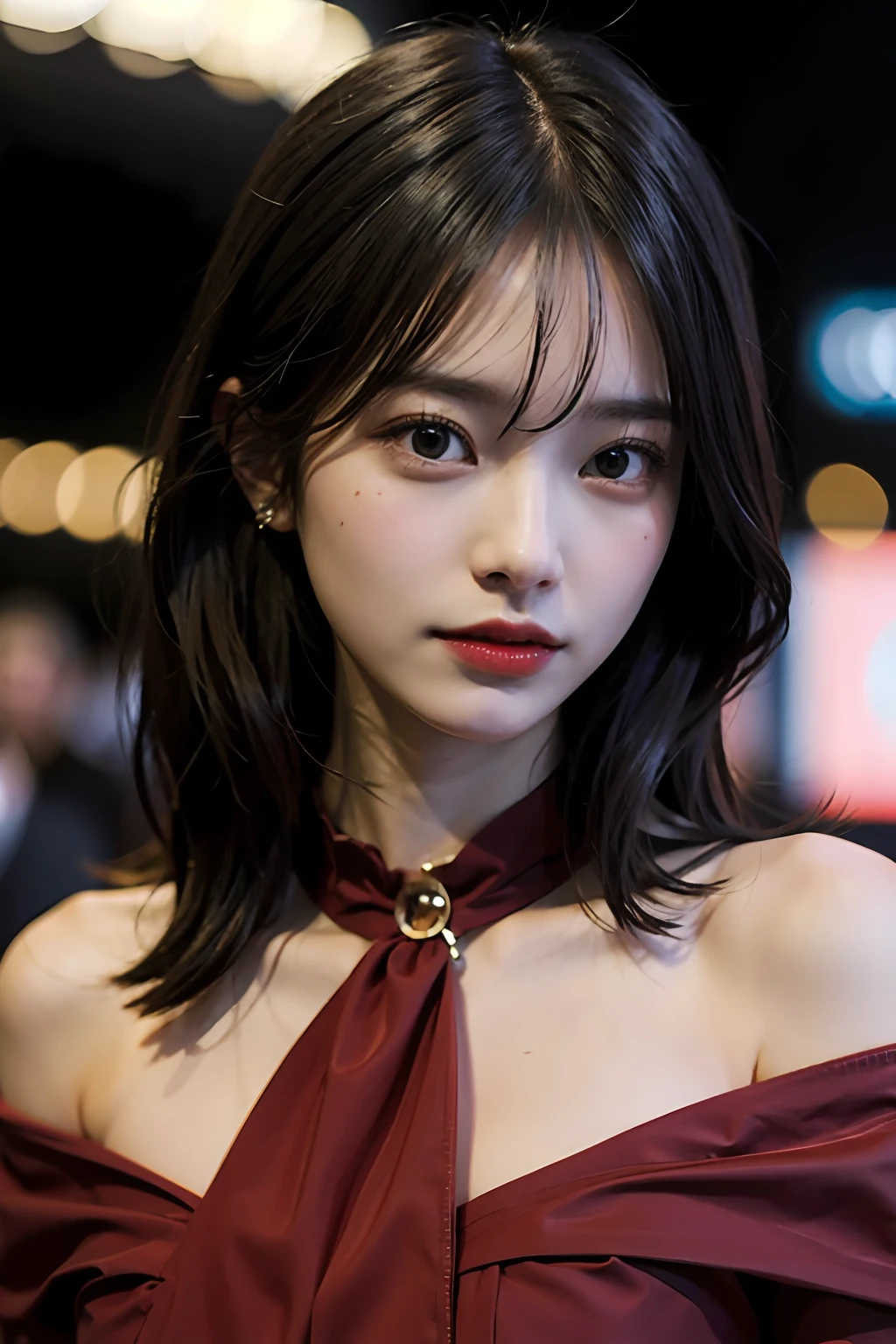 yuyao,Ultra high quality,ultra-highresolution,Realism is enhanced,A woman in a red dress poses for a photo,off shoulders,Black collar,Look at the audience,close-up of the private parts。