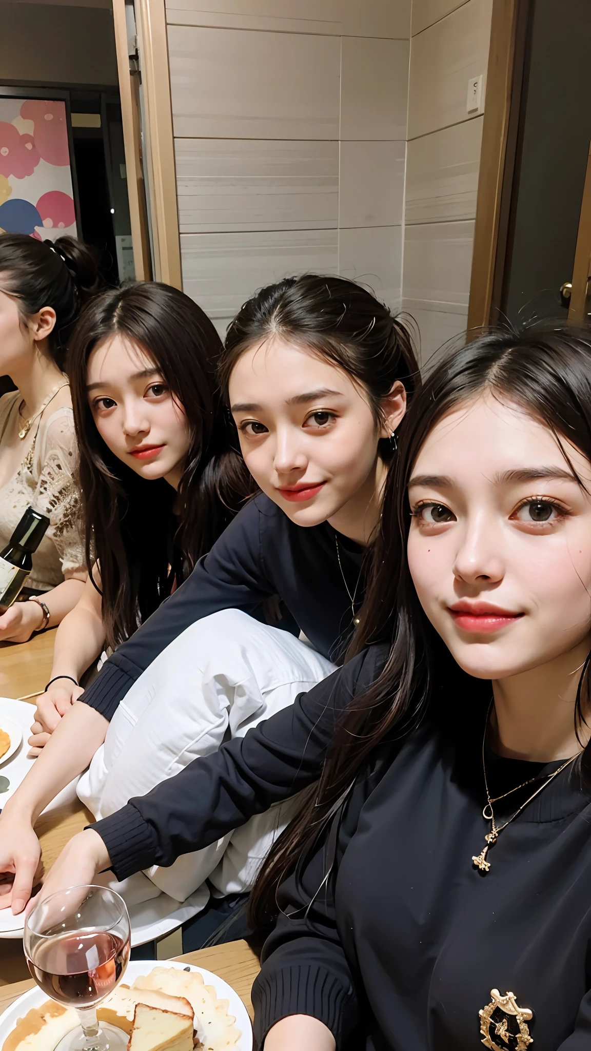 several women sitting at a table with a cake and a glass of wine, photo taken in 2 0 2 0, dang my linh, profile pic, beautiful girls, young girls, very low quality, taken in the early 2020s, taken in 2 0 2 0, cute girls, young women, profile image, very very low quality, sisters
