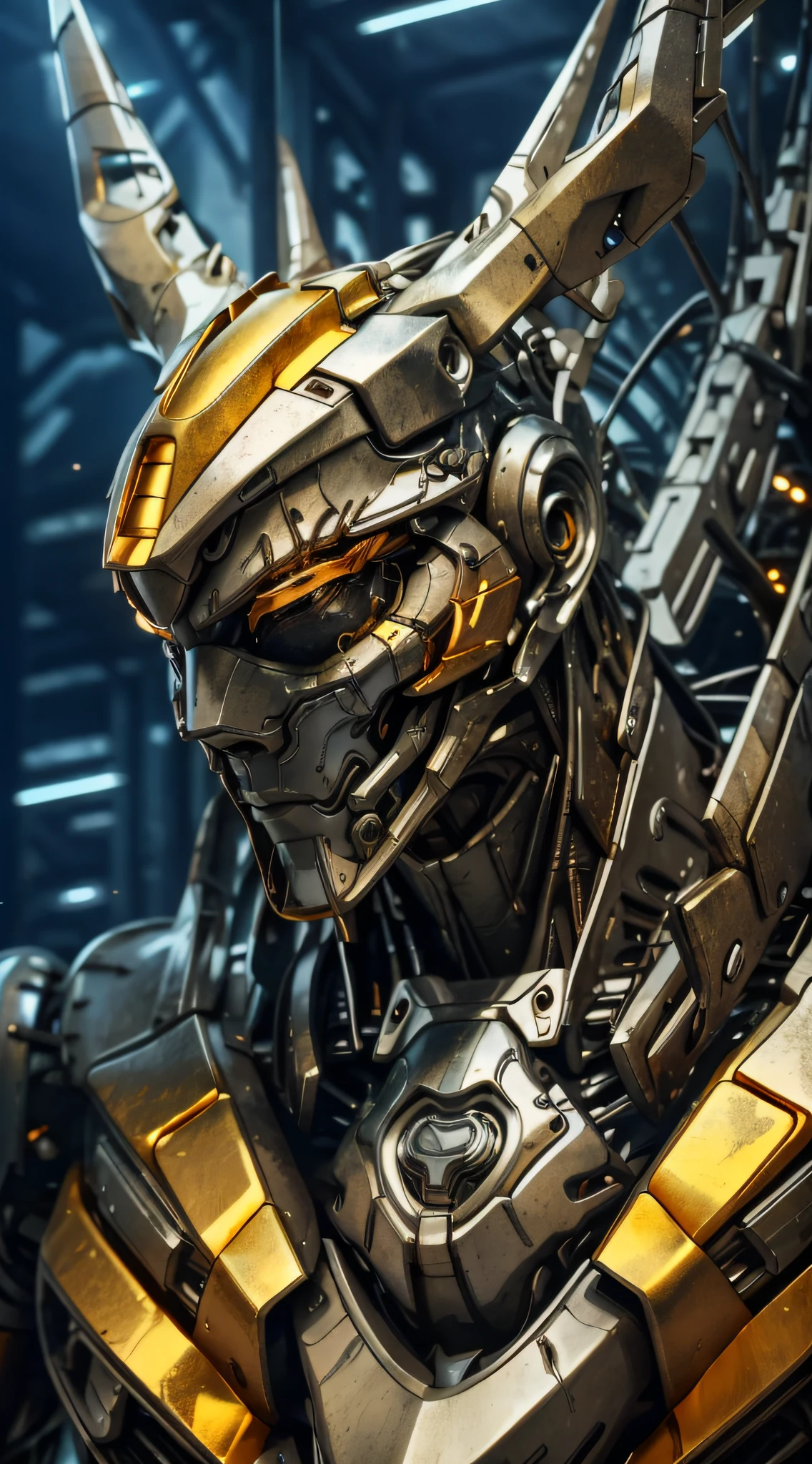 sh4g0d,zeekars,mecha musume,mechanical parts,robot joints,headgear,high detail,hyper quality,8K,Unreal Engine,Quixel Megascans Render,realistic,Wasteland Punk,the loneliness of a future world,beams of future technology,Gold and silver-tone,Cyberpunk,silver metallic surfaces,bust