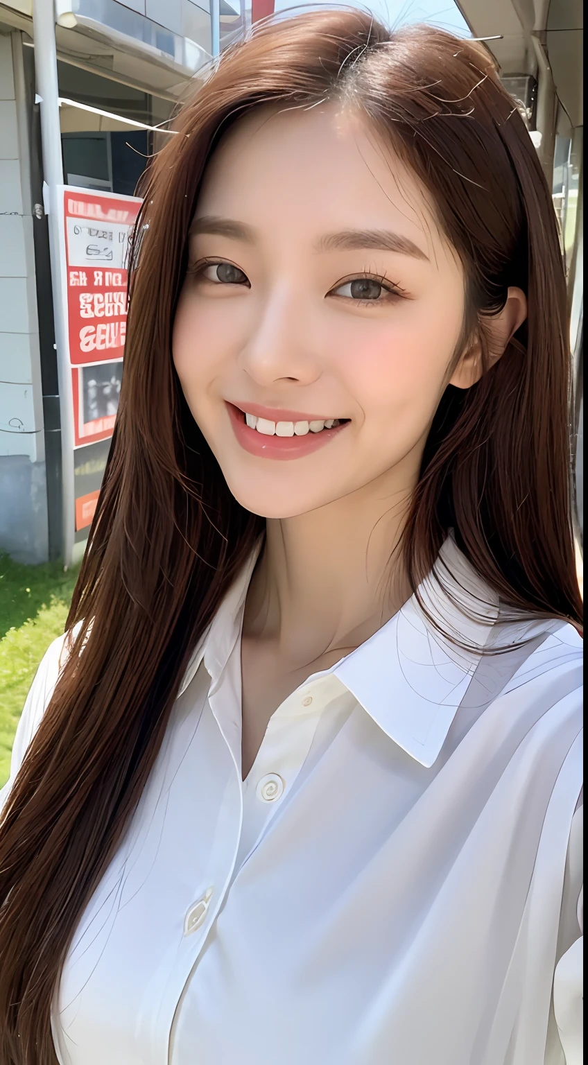 ((Top Quality, 8K, Masterpiece: 1.3)), Sharp Focus: 1.2, Beautiful Women in Perfect Shape: 1.4, Slim Abs: 1.2, (Layered Hairstyles: 1.2)), (Wet White Button Long Shirt: 1.3), Rain: 1.3, Street: 1.2, Wet Body: 1.1, Highly Detailed Face and Skin Texture, Detailed Eyes, Double Eyelids, Big, Smile, Raw Photo