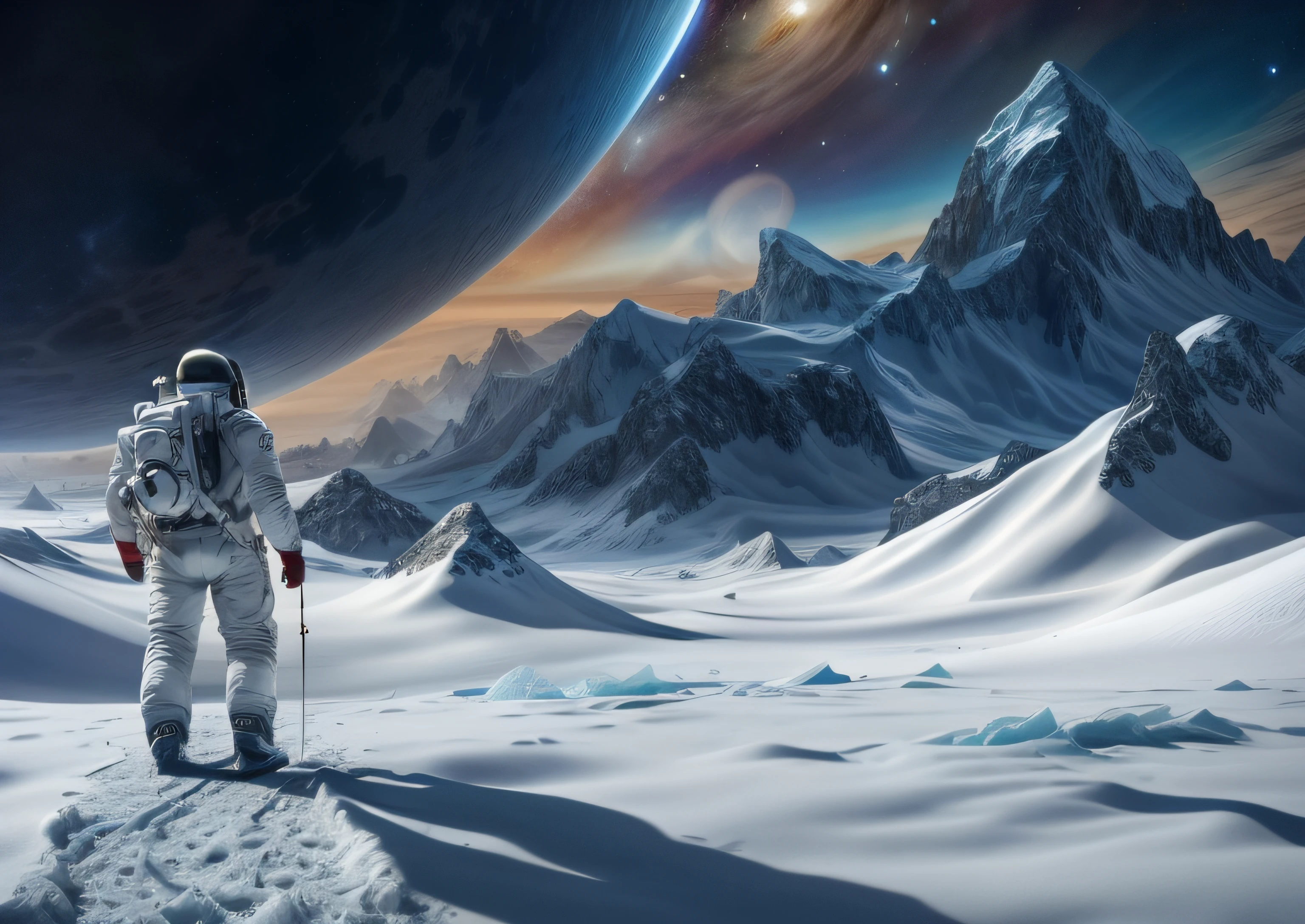 Astronaut walking around the planet with a backpack in hand, astronaut walking, walking across ice planet, astronaut stranded on planet, astronaut standing looking, standing in outer space, The astronaut, detailed astronaut, The astronaut, astronaut in space, An astronaut, movie poster character, Spacesuit, inspired by Aleksandr Gerasimov, an astronaut lost in the ocean