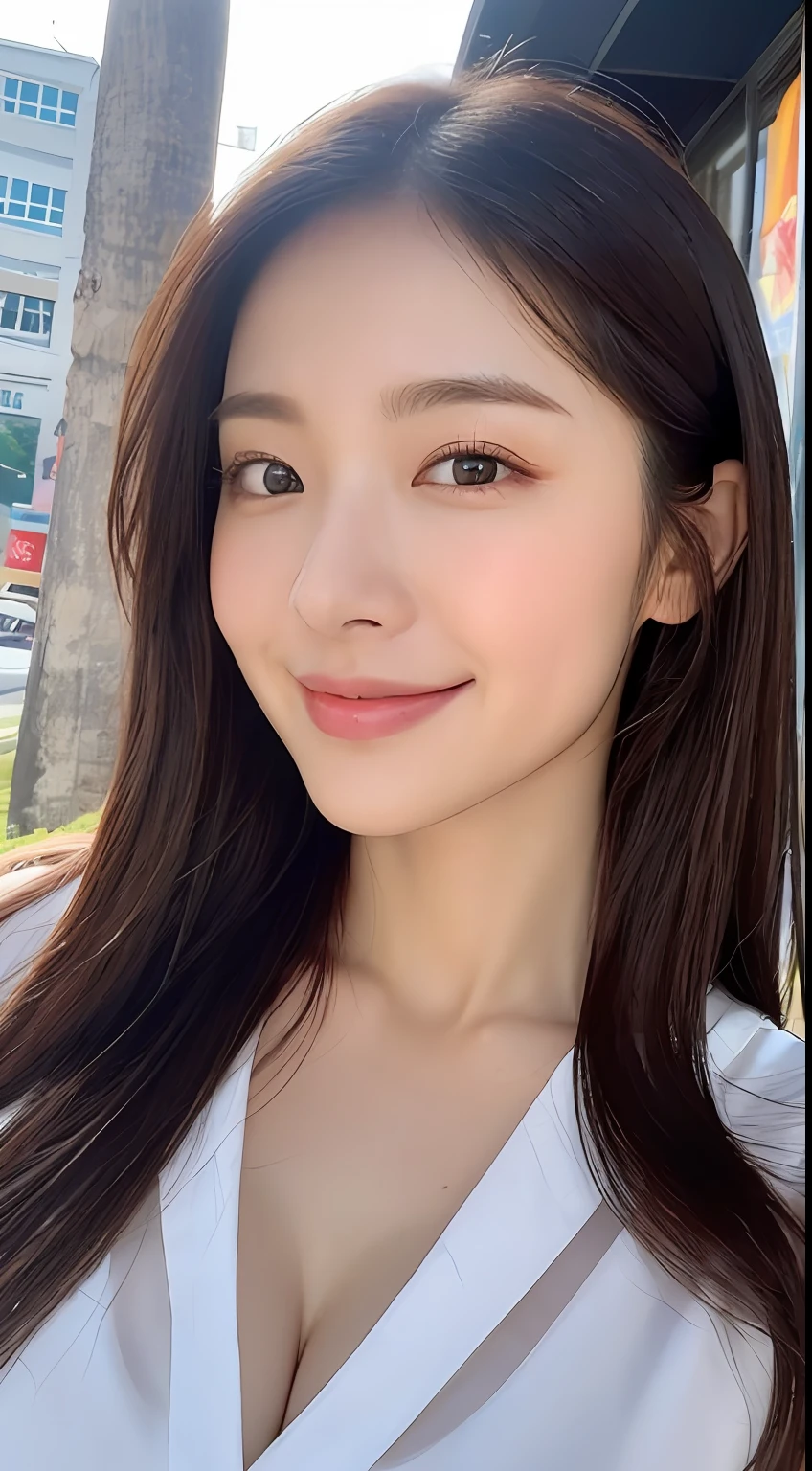 ((Top Quality, 8K, Masterpiece: 1.3)), Sharp Focus: 1.2, Beautiful Women in Perfect Shape: 1.4, Slim Abs: 1.2, (Layered Hairstyles: 1.2)), (Wet White Button Long Shirt: 1.3), Rain: 1.3, Street: 1.2, Wet Body: 1.1, Highly Detailed Face and Skin Texture, Detailed Eyes, Double Eyelids, Big, Smile, Raw Photo
