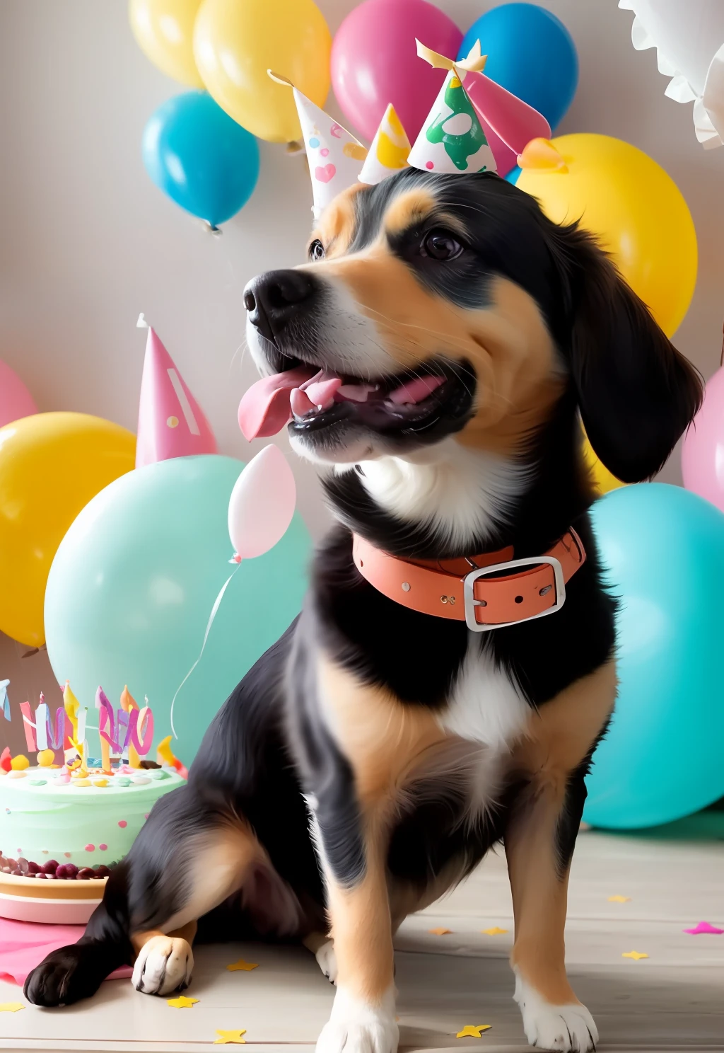 A realistic photograph of a dog birthday party. Lively dogs in a festive atmosphere, with balloons, bandeirinhas e uma mesa decorada com um bolo canino. Vivid colors and sharp details. Happy and playful expressions on the faces of dogs. Natural lighting and celebratory atmosphere