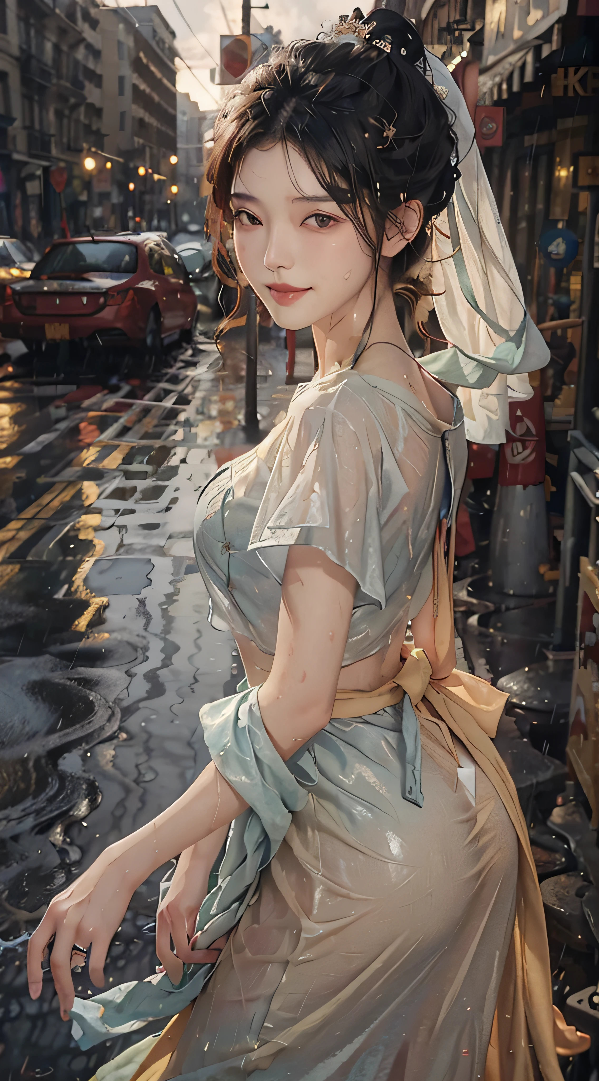 ((Best Quality, 8K, Masterpiece:1.3)), Focus: 1.2, Perfect Body Beauty: 1.4, Buttocks: 1.2, ((Layered Haircut, Breasts: 1.2)), (Wet Clothes: 1.1), (Rain, Street:1.3), Bandeau Dress: 1.1, Highly Detailed Face and Skin Texture, Fine Eyes, Double Eyelids, Whitening Skin, Long Hair, (Shut Up: 1.3), Smile