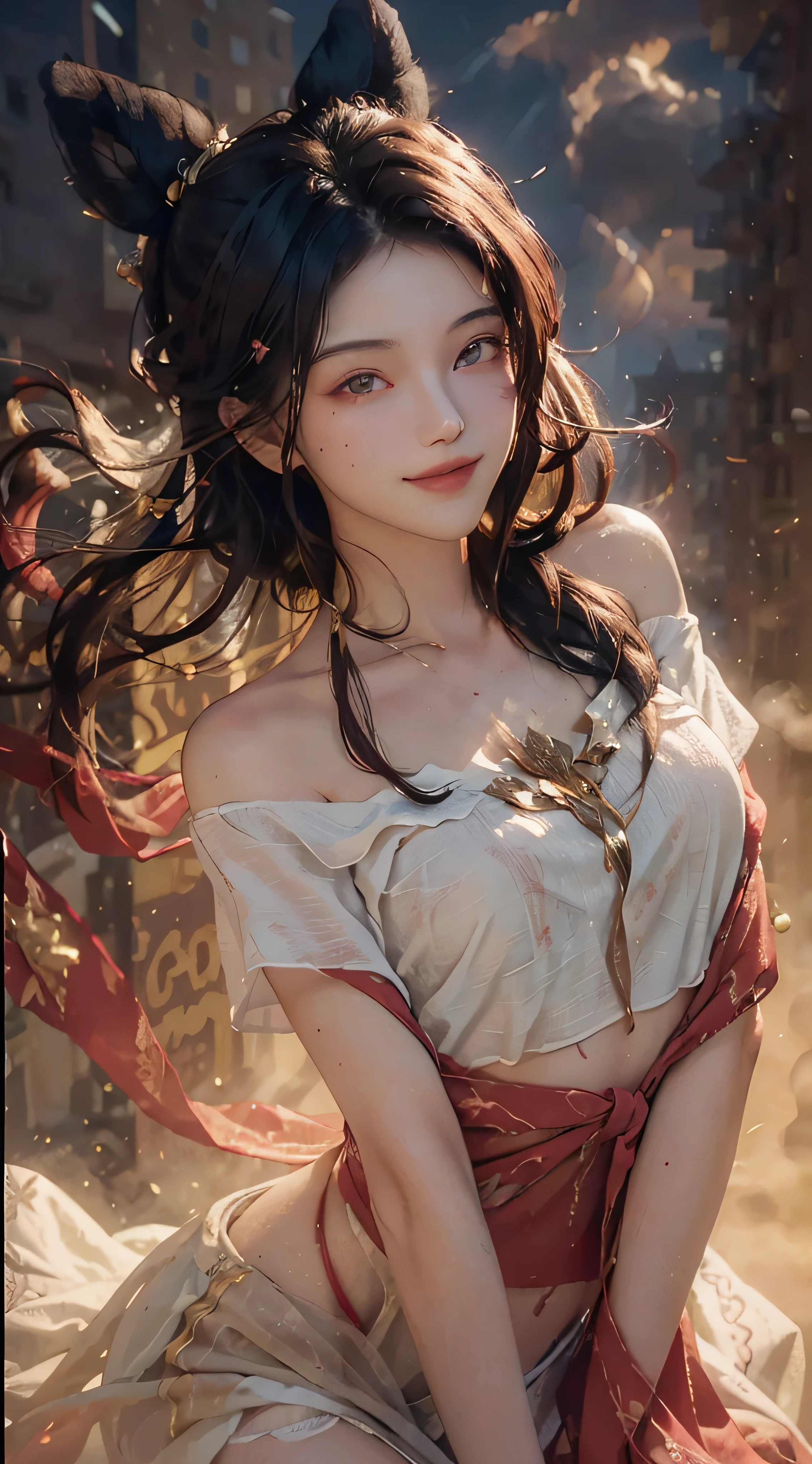 ((bust photo)), ((2 arms)), ((2 legs)), ((shoulders)), (seductive), (charming), (beautiful detailed face))), ((messy hair)), ((smile)), ((gradient eyes)), ((white cloud background)), ((chest shrinkage)), ((realistic lighting, best quality, 8k, masterpiece: 1.3)), Focus: 1.2, 1girl, Perfect body beauty: 1.4, slim abs: 1.1, (( dark brown hair)), (white crop top: 1.4), (outdoor, night: 1.1), city streets, ultra-fine face, fine eyes, double eyelids,