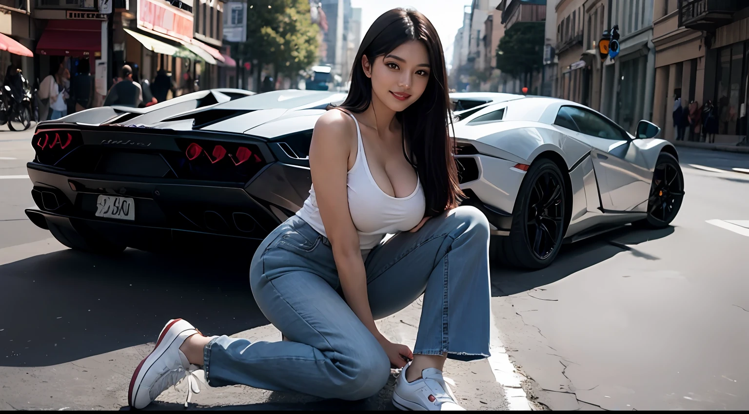 ((full - body):1.5)(({Only one woman}:1.2):{(((Wear jeans,White clothes,Wear AK sneakers)1.2),((Long black hair that falls to the shoulders,shiny glistening eyes)1.3),((Pose erotically in front of a Lamborghini,looks at the viewer,Smile with):1.3),(((very huge breast):1.2)}, \n (({In front of Lamborghini,Morning):1.3), animesexy, style of anime, 16k, ((best qulity, high detaild):1.4), The Masterpiece, Ultra HDR