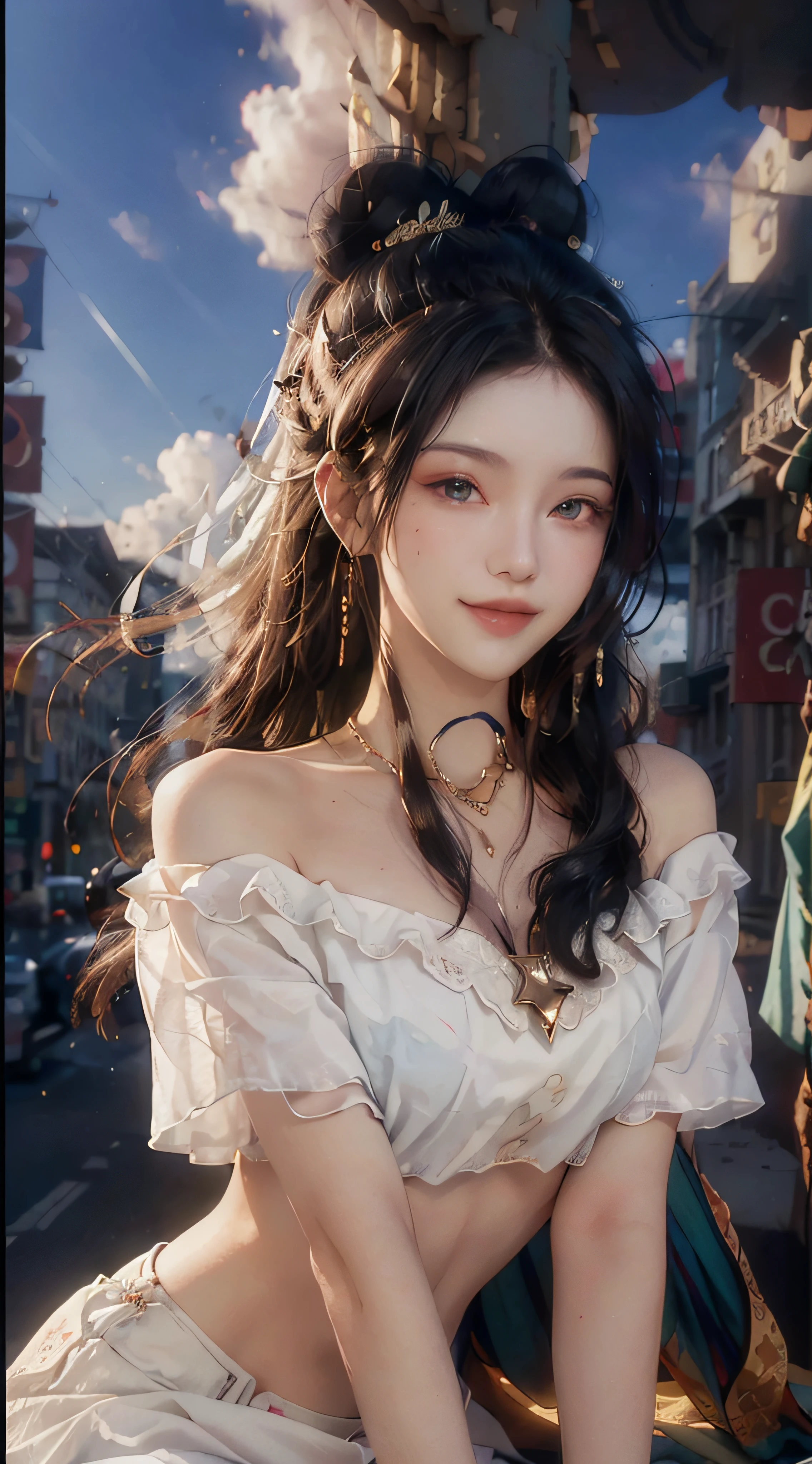 ((bust photo)), ((2 arms)), ((2 legs)), ((shoulders)), (seductive), (charming), (beautiful detailed face))), ((messy hair)), ((smile)), ((gradient eyes)), ((white cloud background)), ((chest shrinkage)), ((realistic lighting, best quality, 8k, masterpiece: 1.3)), Focus: 1.2, 1girl, Perfect body beauty: 1.4, slim abs: 1.1, (( dark brown hair)), (white crop top: 1.4), (outdoor, night: 1.1), city streets, ultra-fine face, fine eyes, double eyelids,