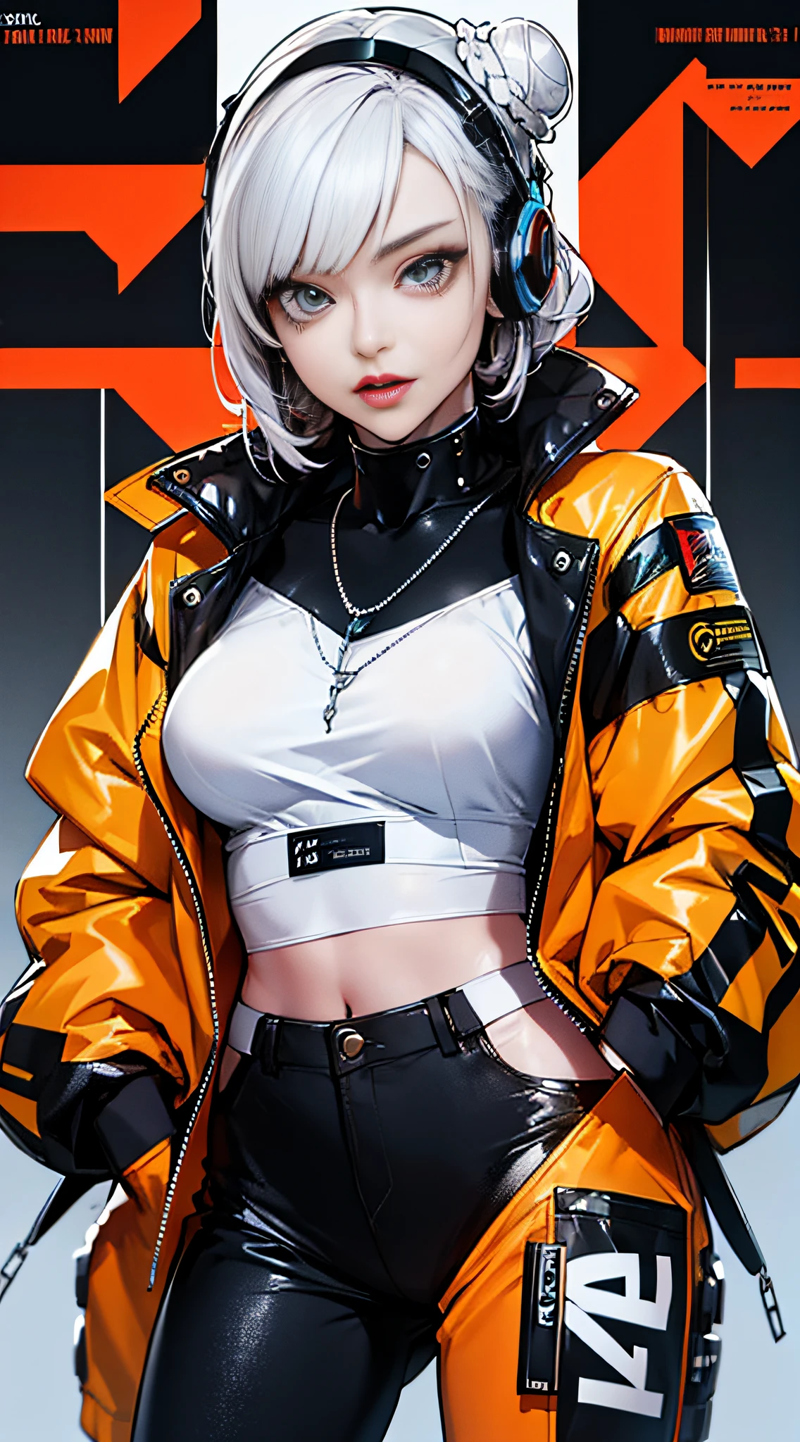 (magazine cover:1.3),ulzzang-6500, (realistic: 1.3) (original: 1.2), masterpiece, best quality, beautiful clean face, fullbody, 1woman, (wearing black and white and cobalt scifi techmask and headphones with complex electronics), wearing black techwear jacket and orange trousers with buckle and tape, (crystal necklace), posing for a picture, (white braided bun hair),