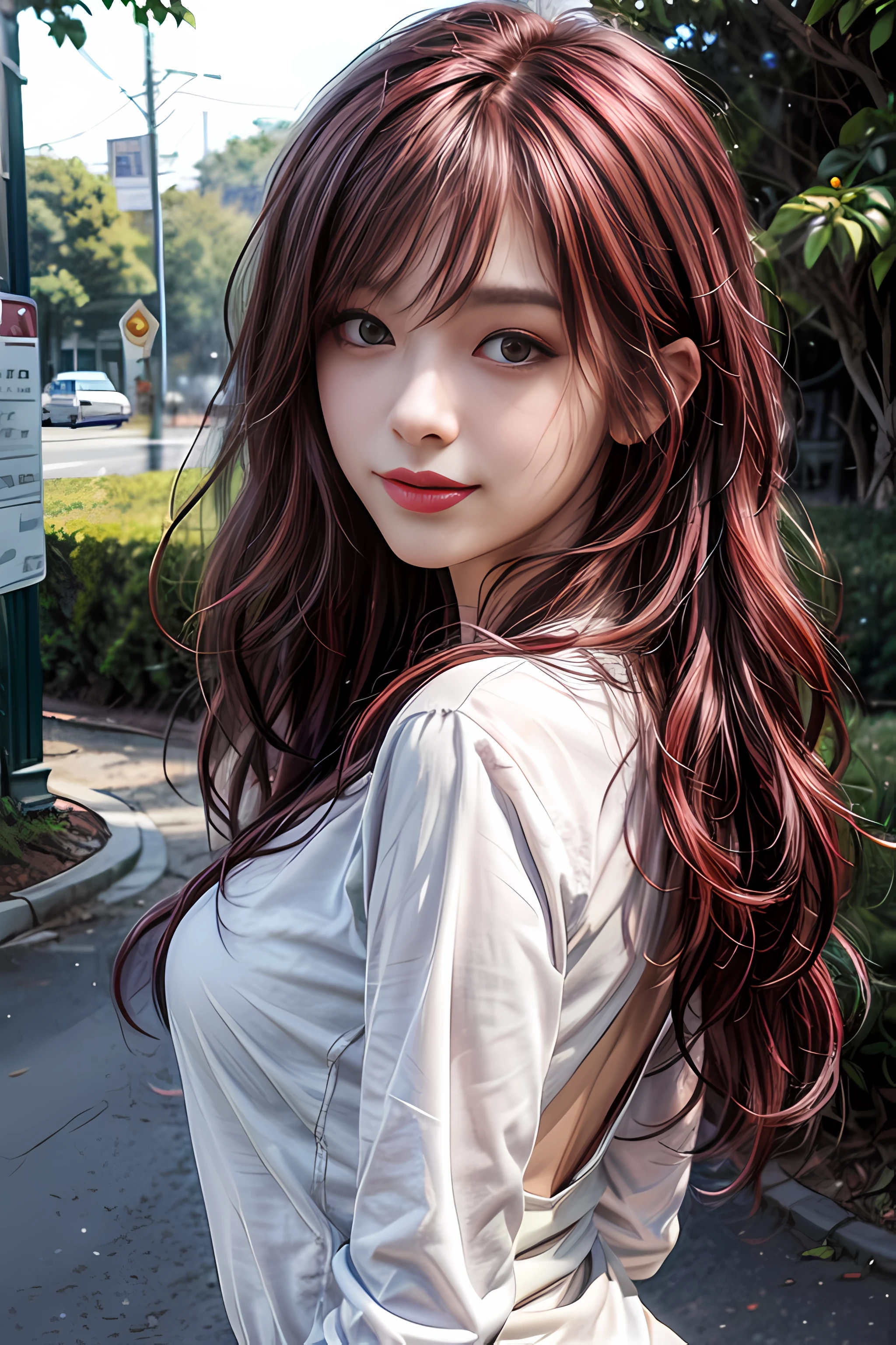 detailed eyes, detailed face, best quality , smile, (facing front) , back, do not looking at viewer, white shirt, sunny day, outdoor, 1girl upperbody, dark purple red chocolate color hair dye, middle way hair, thin hair, middle wave hair, wavy hair, ombre hair, curly hair