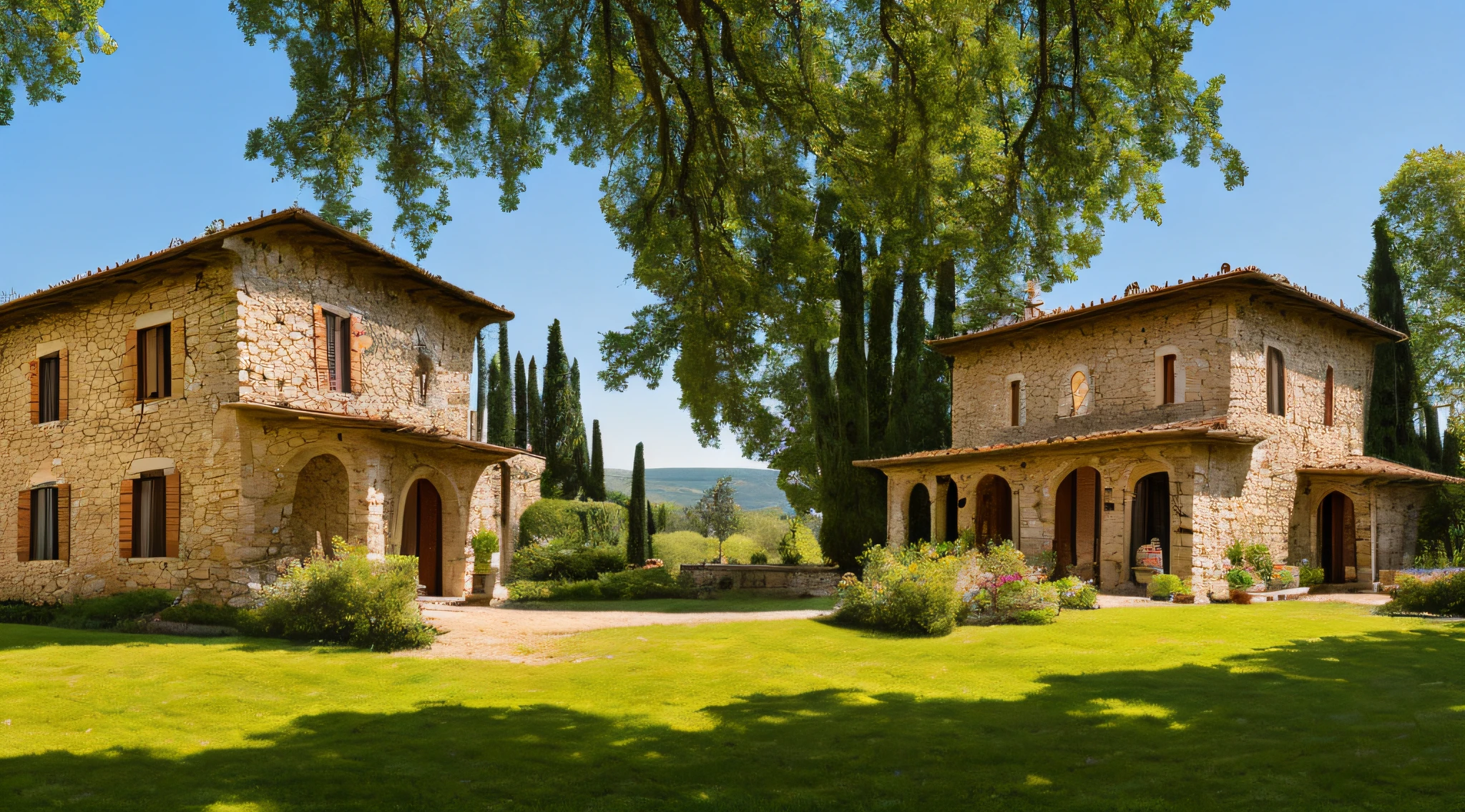 Old house in Tuscany from the outside, Walls made of large stones, Old Stone Road, golden hours, rolling hills with pine trees, sehr detailliert, Foto aufgenommen von Ansel Adams mit Canon EOS 5D Mark IV, 16k, HDR, scharfer Fokus, wahnsinnig detailliert, kompliziert, Perfektionismus, Max. Detailgenauigkeit, Meisterwerk, atemberaubend, ,award winning photograph, atmospheric perspective, DSLR, 80mm Sigma f2, Depth of field, Filmkorn, intricate natural lighting