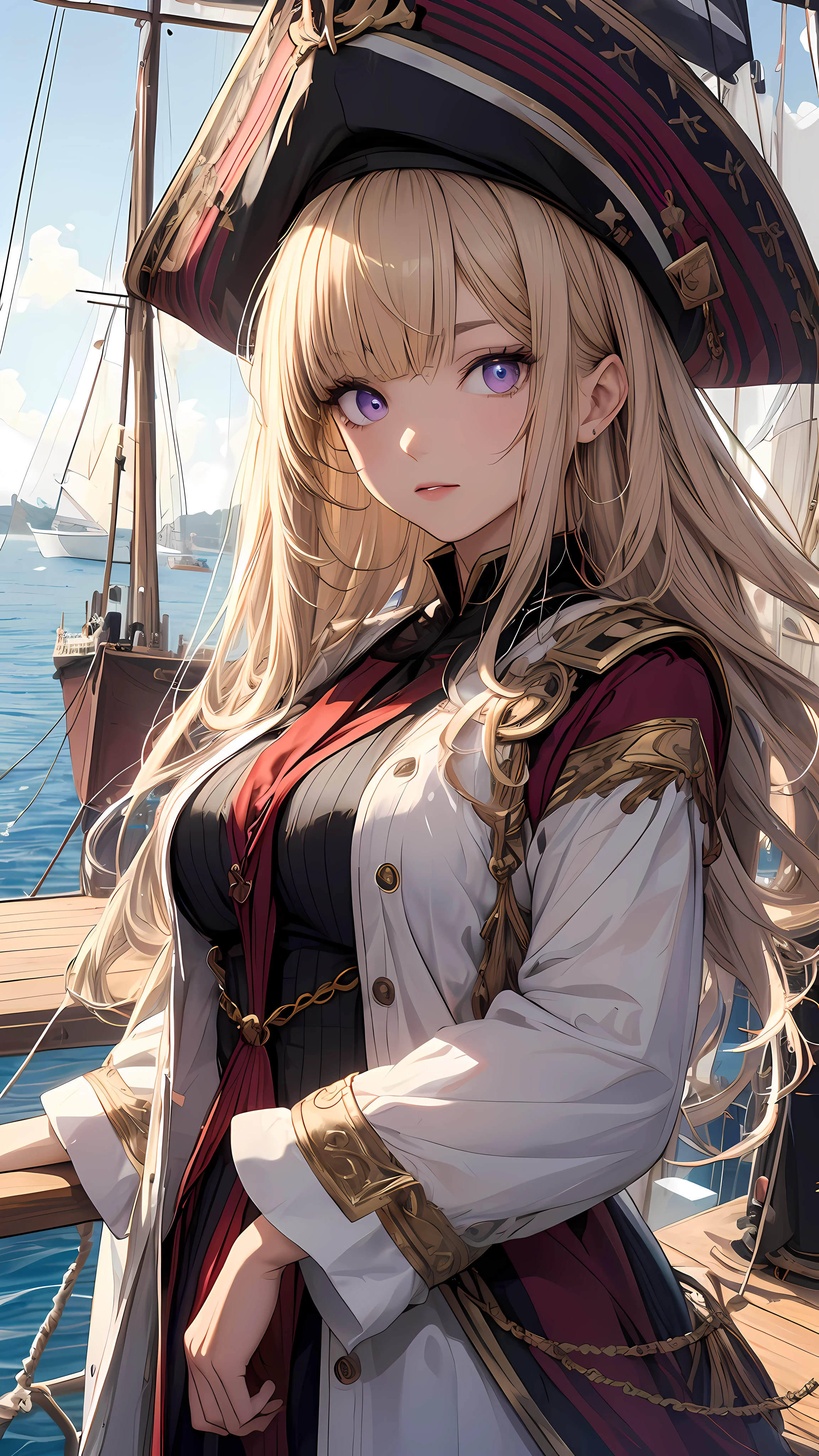 Realistic, hyper detailed, Girls Only, 23 Years Old, Pretty face, Dynamic lighting, (Glossy skin: 1.5), masterpiece, Top quality, absurdress, Single-sided Cut Layered Bob, ((three tones hair, blonde hair,brown hair, purple hair,: 1.3), (Purple eyes)), ((Beautiful, Detailed eyes, jewel-like eyes, Glowing eyes: 1.3)), Highlight Eye, Catchy Light Eye, Specular Highlight Eye,A female pirate standing at the helm of a large sailing ship sailing on the open sea. She has a beautiful face and shining eyes of vivid colors. She wears elaborate and delicate ornaments. The deck of a sailing ship with luxurious decorations. Detailed drawing. vivid-color. high picture quality