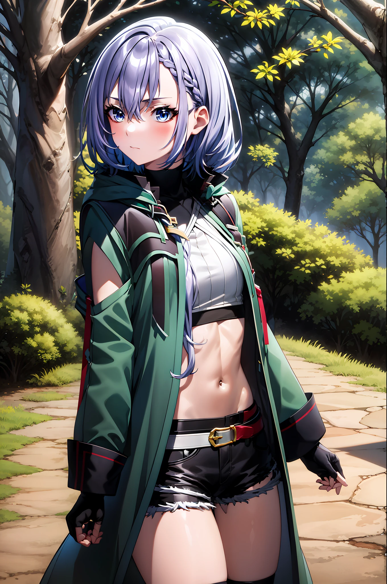 luna jacket, black shorts, thighhigh, silver hair, loose braid, beautiful face, forest background, (masterpiece:1.2), best quality, absurdres, extremely detailed wallpaper, perfect lighting, sunlight,